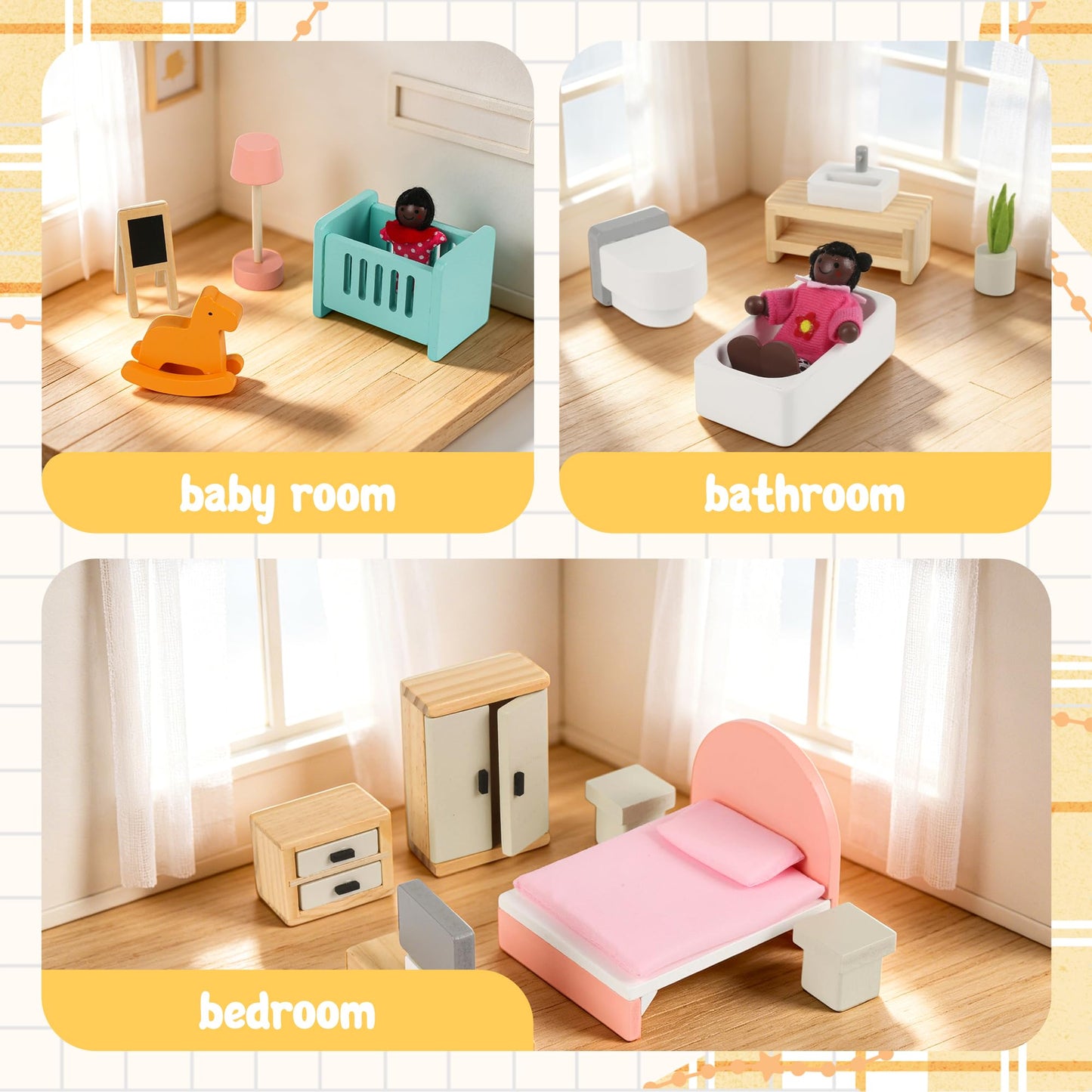 Wooden Dollhouse Furniture Set，Miniature Doll Furniture Accessories with 5 Rooms,for Kitchen, Living Room, Bedroom, Bathroom, Babyroom,Pretend Play Furniture for Toddlers 3 4 5 6 Years Old