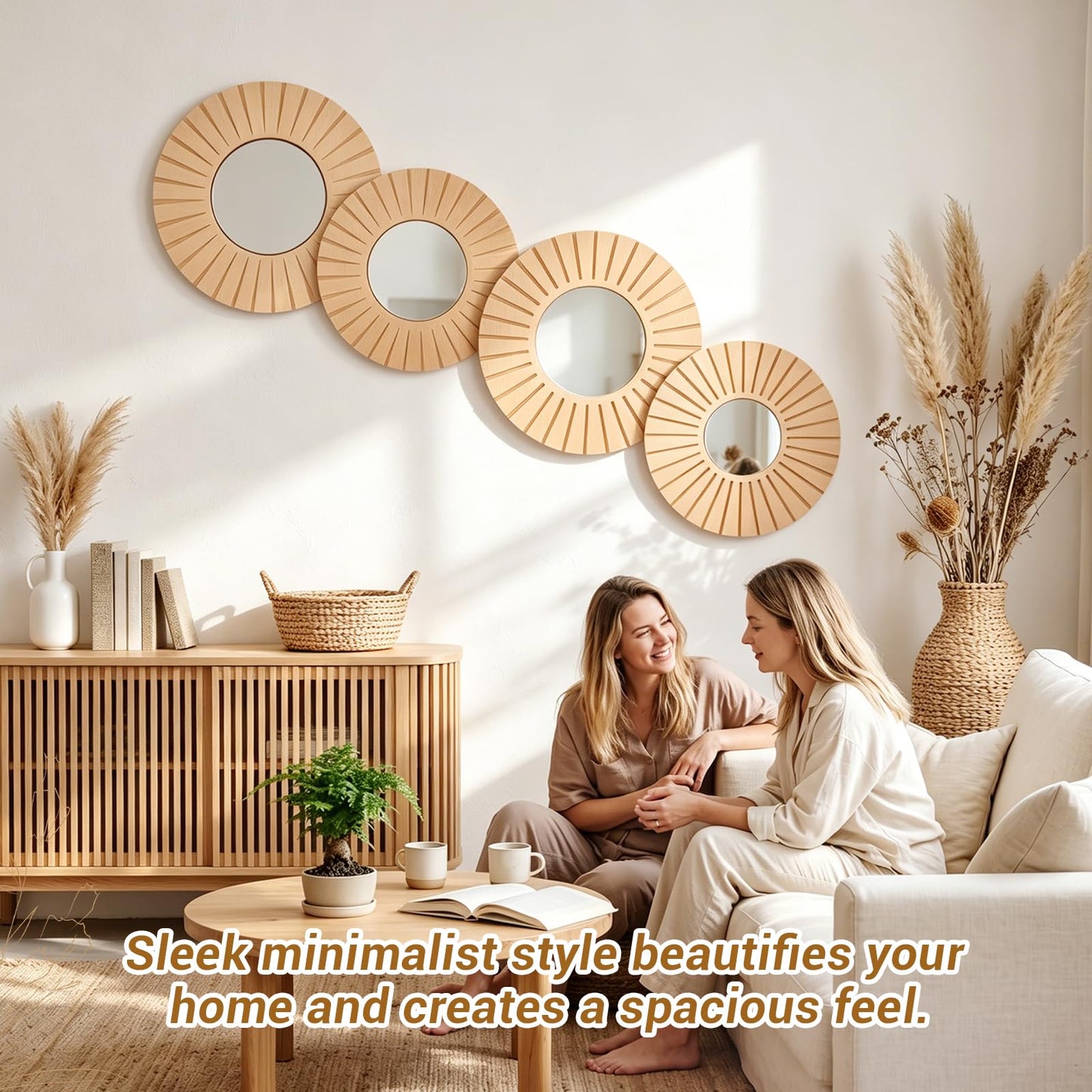 Yerliker 4 Pack Hanging Wooden Wall Art Decor, 12" 10" Wall Mounted Round Mirror with Wooden Frame, Rustic Farmhouse Boho Accent Home Decor Set for Bedroom Living Room Entryway Dining Room Nursery