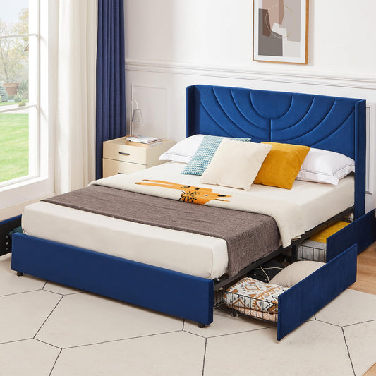 VECELO Upholstered Platform Queen Bed Frame with 4 Storage Drawers & Wave Fabric Headboard,Wooden Slats Support/No Box Spring Needed/Mattress Foundation/Easy Assembly,Dark Blue