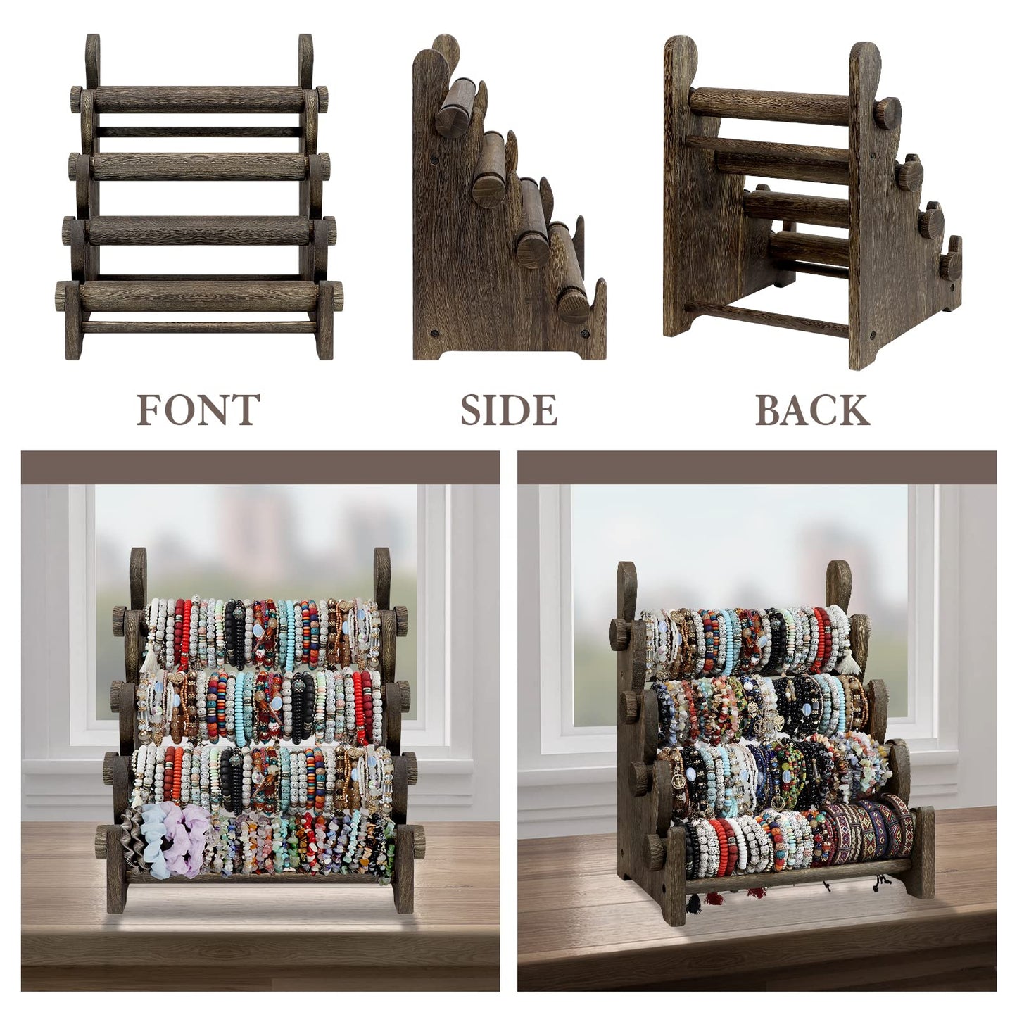 TOPNEW 4 Tier Wooden Bracelet Holder, Scrunchie Bangle Watch Necklace Display Storage Jewelry Holder Stand Display Organizer, Brown