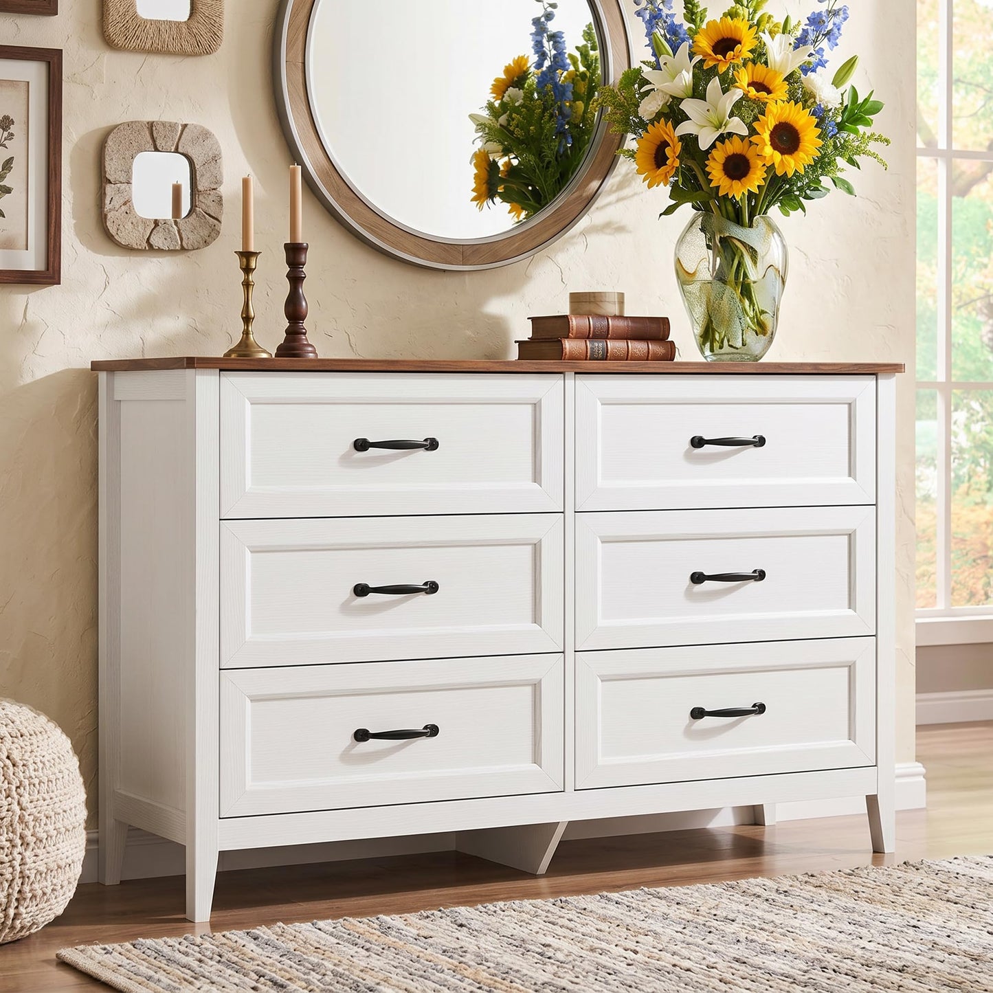 Gizoon 47.2" W Dresser for Bedroom, 6 Chest of Drawers, Modern Drawer Dresser, Wood TV Stand for Living Room, with Smooth Rail, Metal Handles, Anti-tip, Hallway, Retro
