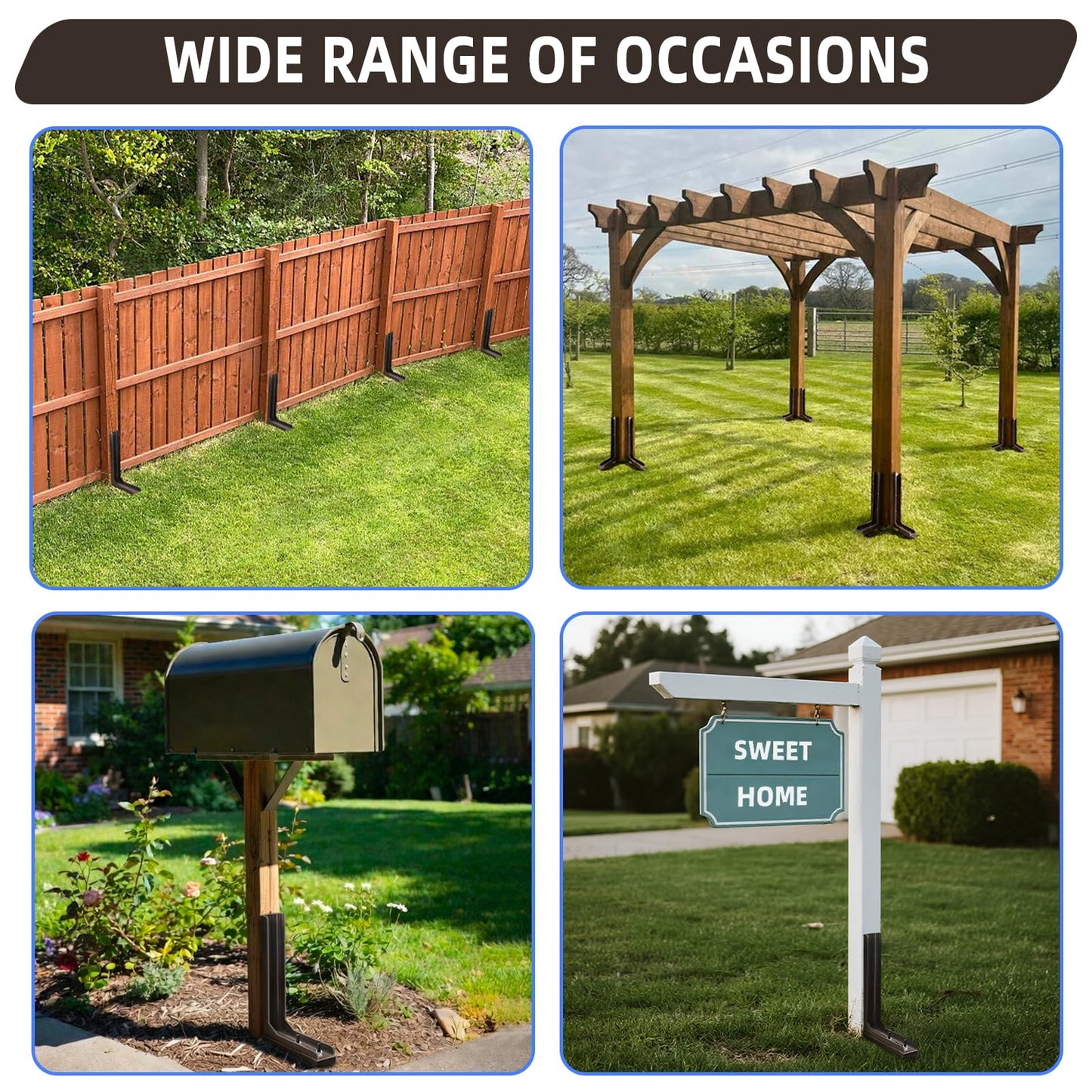 K.D STONEDGE Pack of 4 Adjustable Fence Post Repair Kit Quick Fix Rotted Tilted Broken Leaning Wood Posts Support Easy Solution Heavy Duty Steel Wooden Fence Post Anchor Stakes