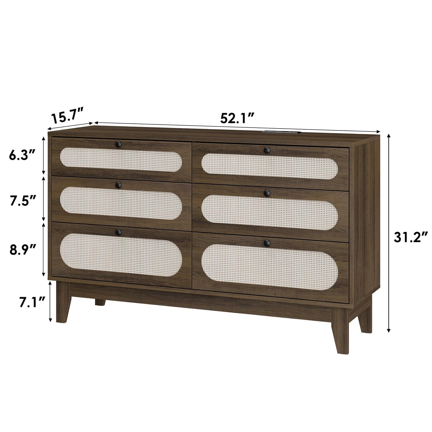 GarveeLife Rattan 6-Drawer Storage Dresser with USB Ports and Power Outlets, Wooden Chest for Bedroom and Living Room, Natural Oak Finish