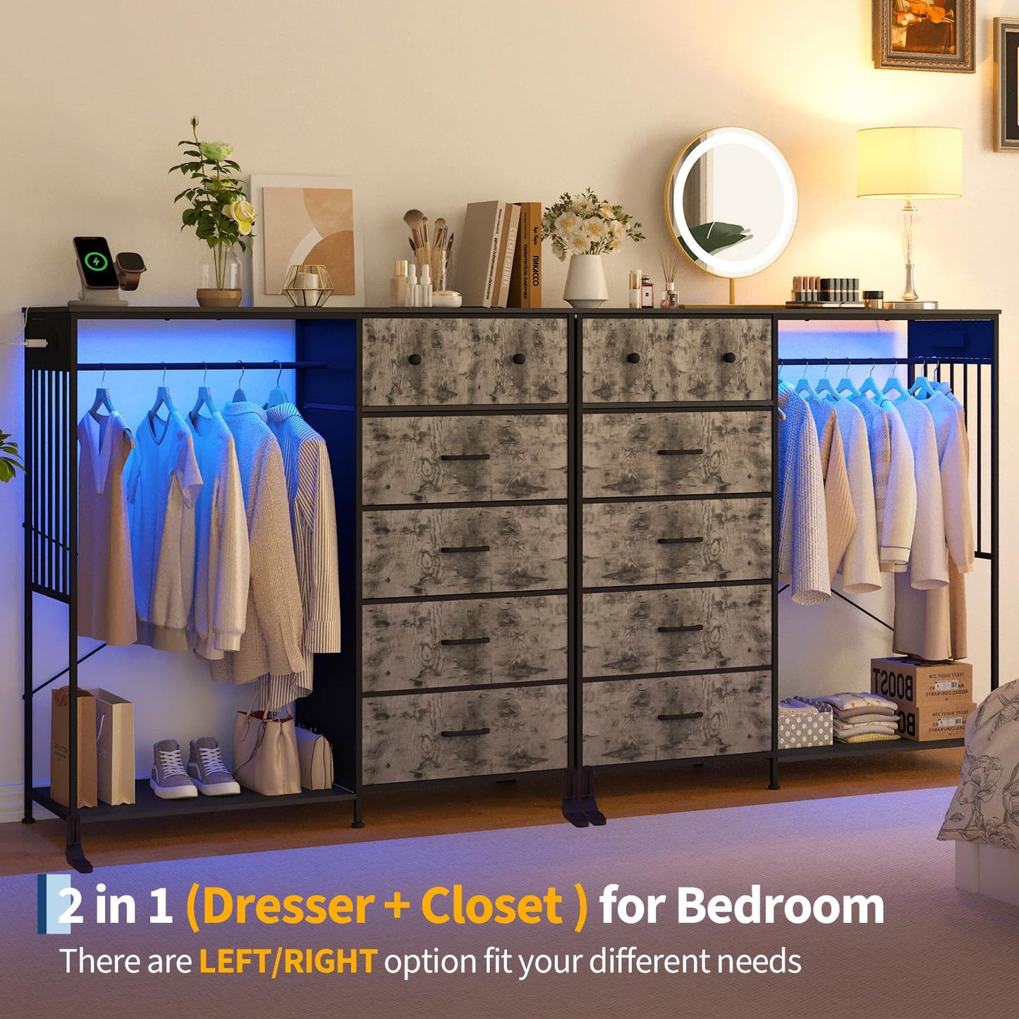 IDEALHOUSE 6 Drawers Dresser for Bedroom with Hanging Rack, LED Lights & Charging Station, Fabric Dressers & Chest of Drawers with Rack, Wooden Top, Grid Panel