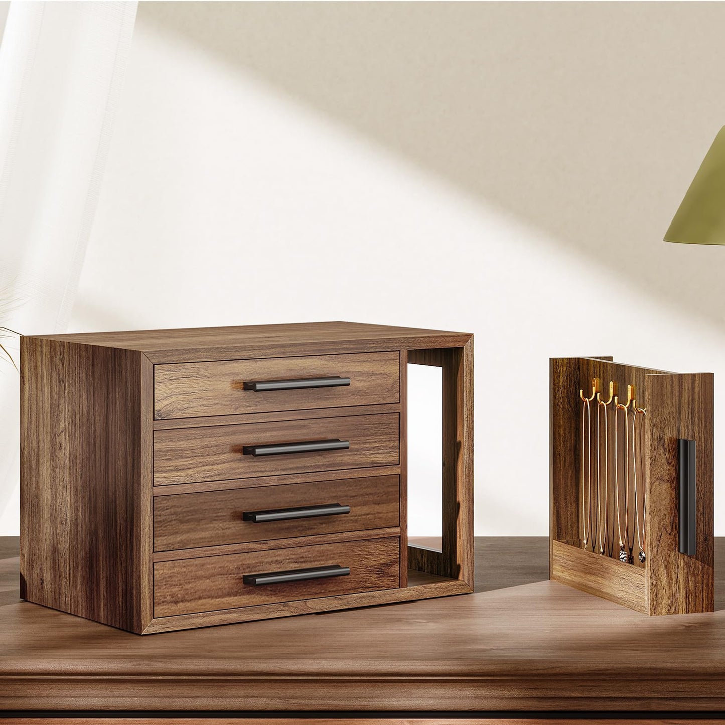 HOOBRO Jewelry Box for Women, Wooden Jewelry Organizer with Transparent Window and 360° Rotating Jewelry Box, Wooden Jewelry Organizer Bundle, BH09JB04-BH30JB04
