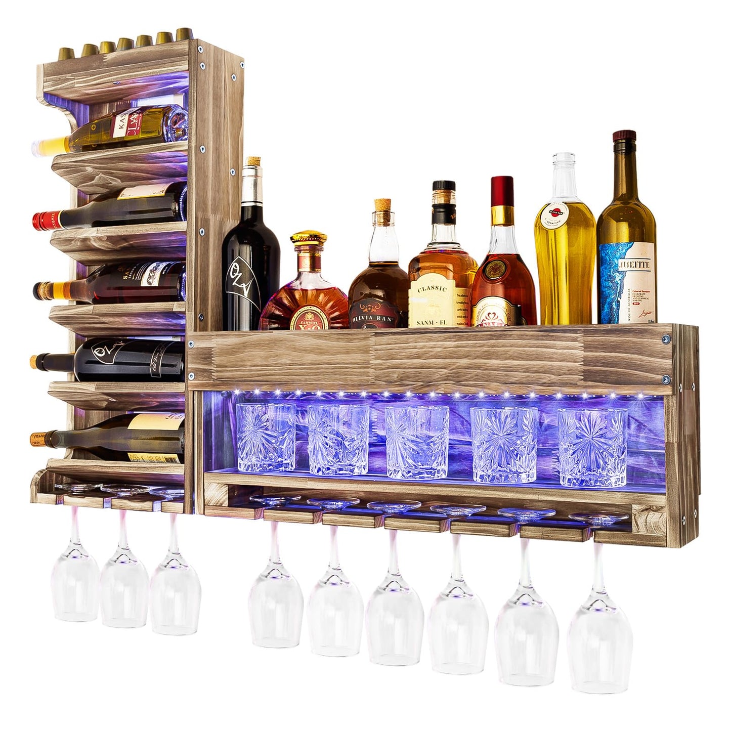 Homde Wine Rack with LED Light Wall Mounted Wood,Alcohol Shelf with Bottle Stemware Glass Holder Rustic, Liquor Display Storage with Cork Storage for Home Bar Kitchen Decor