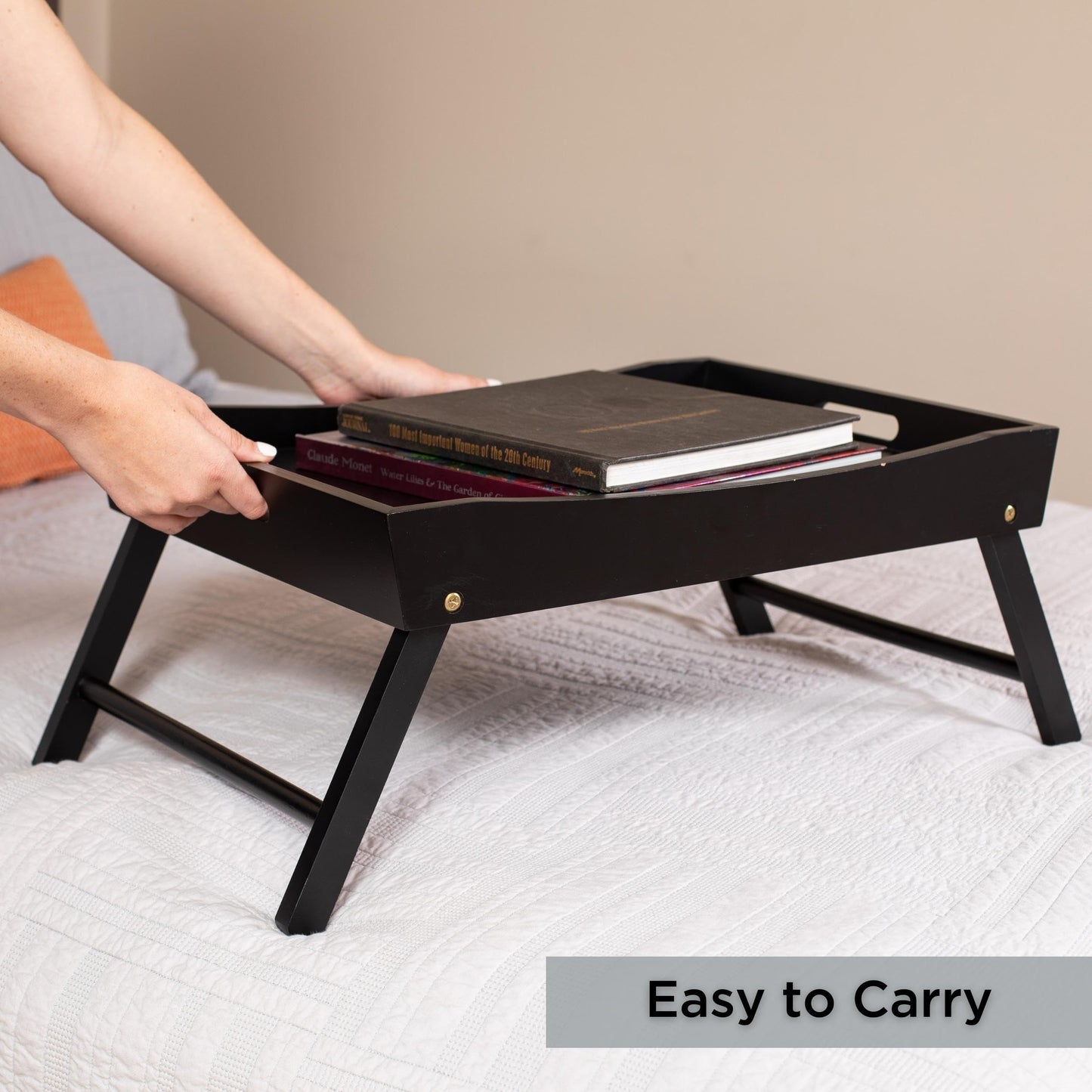 BIRDROCK HOME Wood Bed Tray for Eating | TV Tray with Folding Legs | Wide Breakfast Serving Lap Desk with Sides & Handles | Laptop Table | Foldable Study Writing Table | Adjustable Food Tray | Black