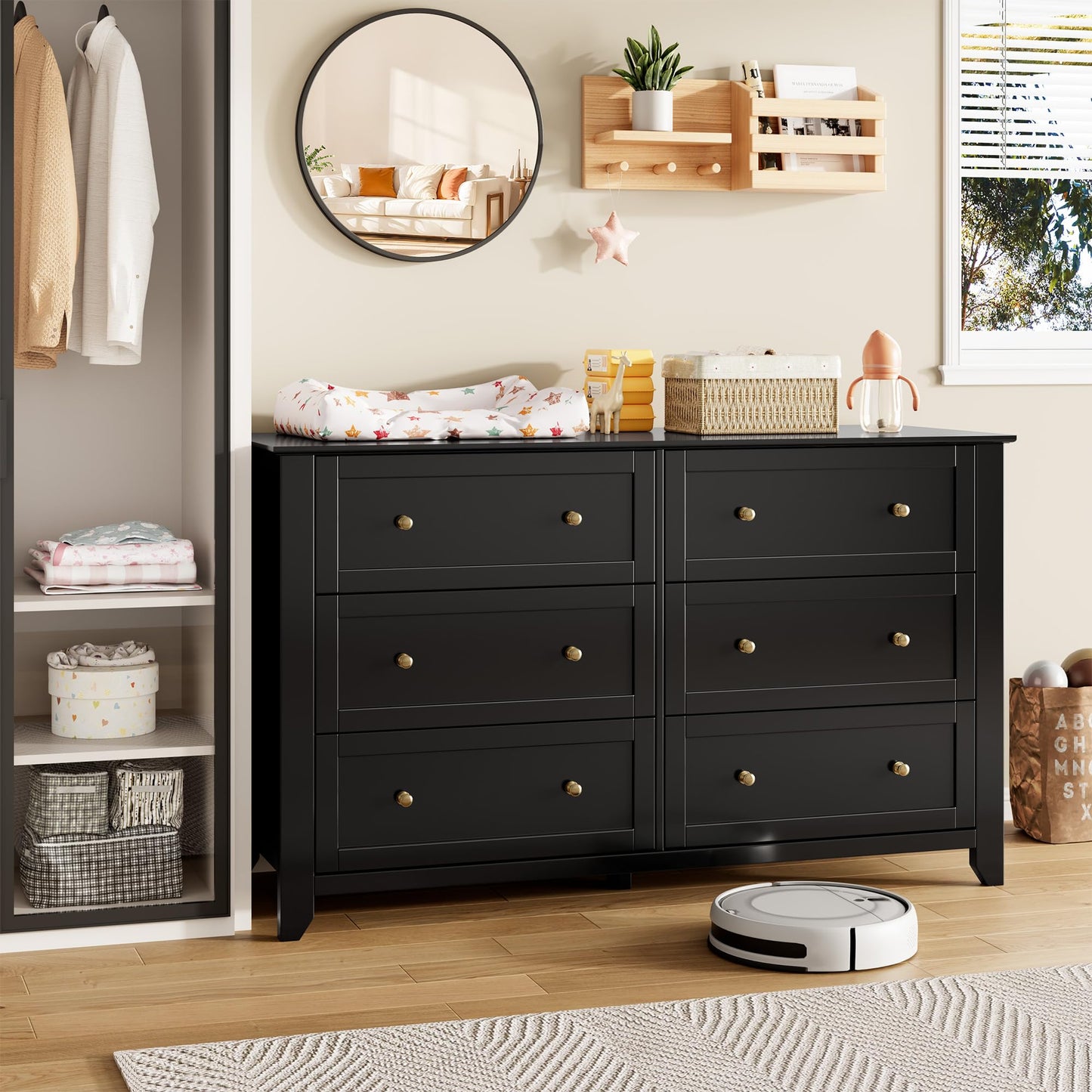 IDEALHOUSE Black 6 Drawer Dresser for Bedroom, 54" Wide Large Dresser with Deep Drawers & Metal Knobs, Modern Wooden Chests of Drawers for Entryway, Hallway