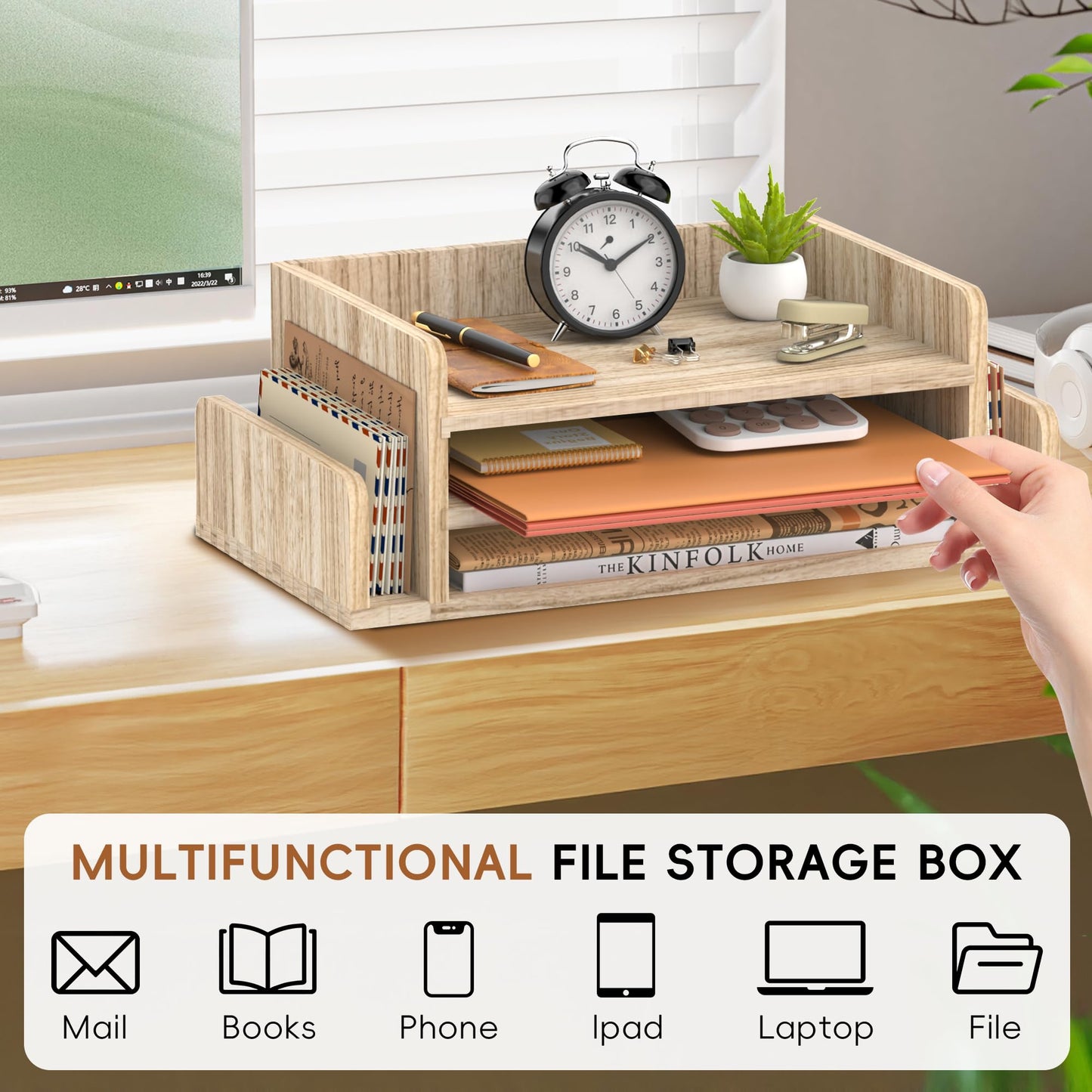SUPEASY Wooden Desk Organizer, 3-Tier Letter Tray File Organizer with Dual Side Mail Sorter, Solid Wood Desktop Paper Organizer for Office, Home Office, Classroom (Natural Wood)