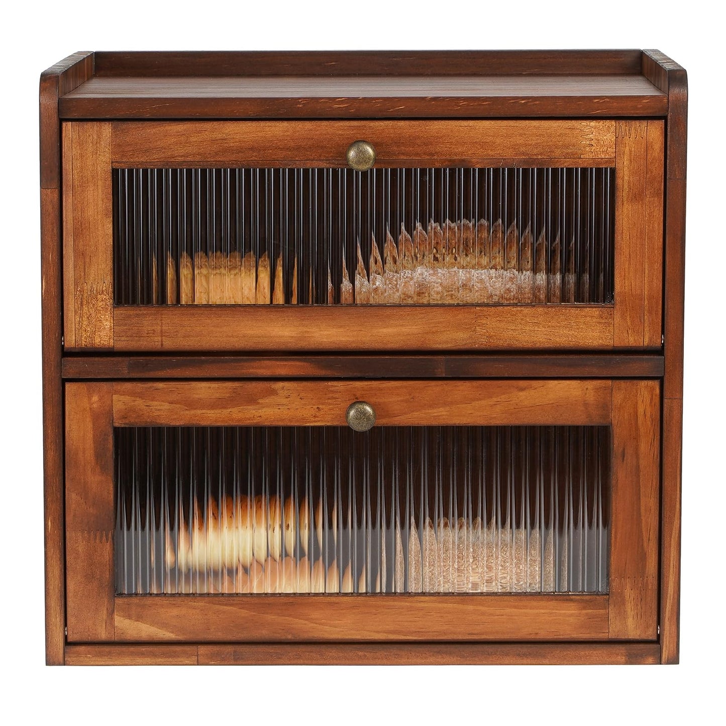 Sunhoo Double Layer Bread Box (L14.4in*W9.4in*H13.4in/Brown) and Single Wooden Bread Storage(L14.37in*W9.25in*H8.66in/Brown) Rustic Bread Keeper Farmhouse Food Organizer Pantry Shelf Acrylic Window