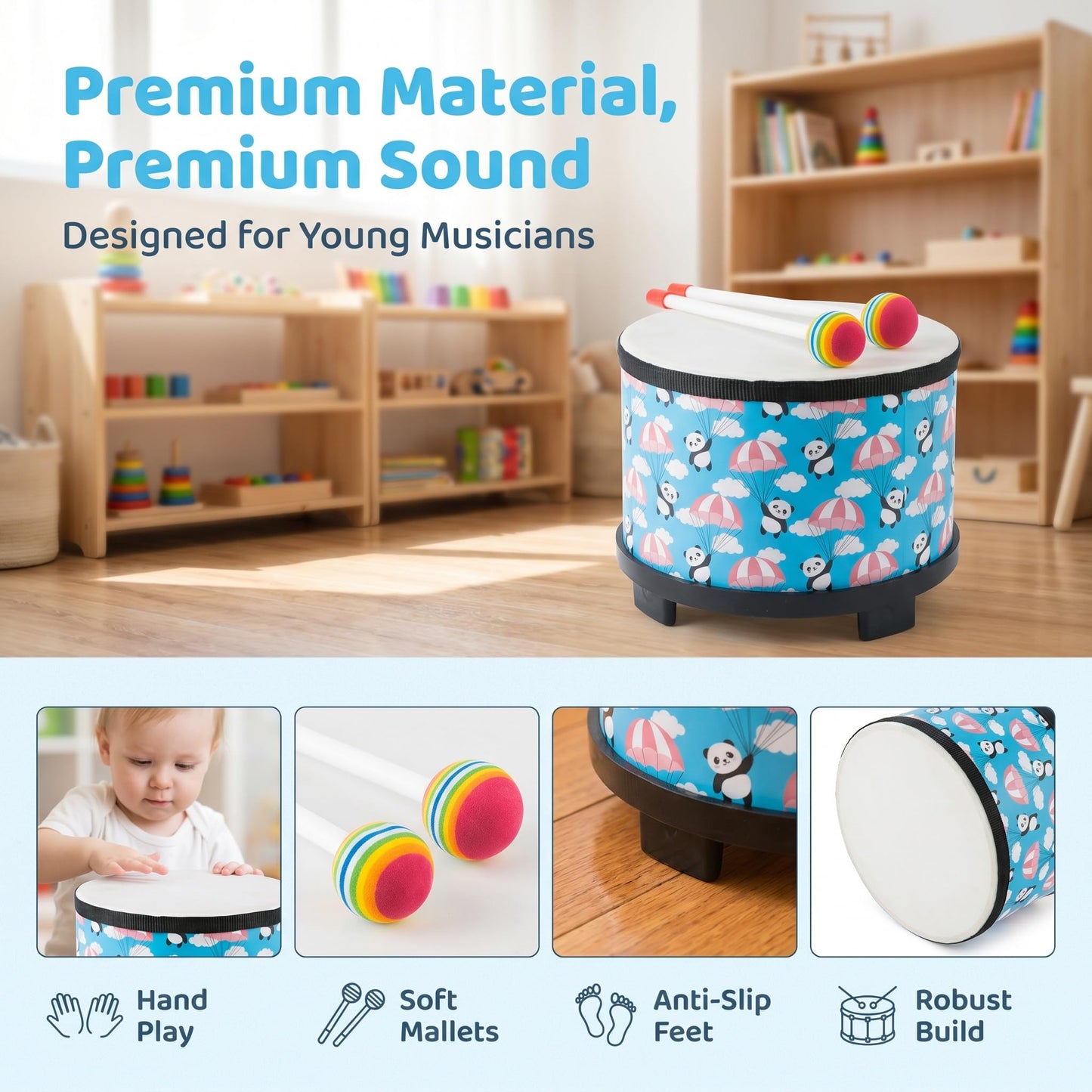 Kids Floor Tom Drum Toddlers: Baby Music Toys 8 inch Percussion Instrument Child Drums - Montessori Toys Wooden Drum for Preschool Educational Birthday (Blue 8" )