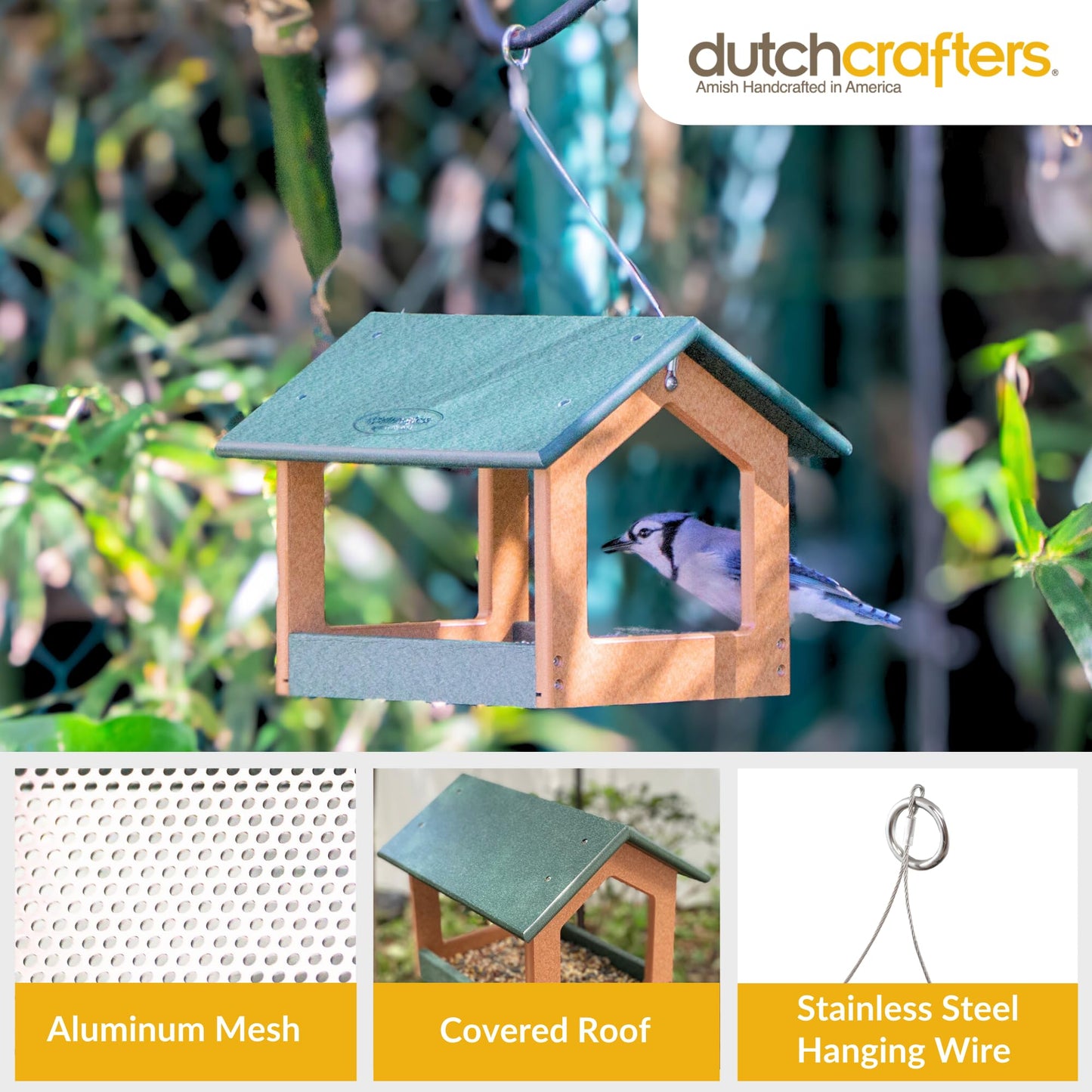 DutchCrafters Amish USA Made Recycled Plastic Large Hanging Modern Fly Through Covered Roof Open Platform Tray Bird Feeder for Outdoors, Garden, Yard (Turf Green & Bright Cedar)