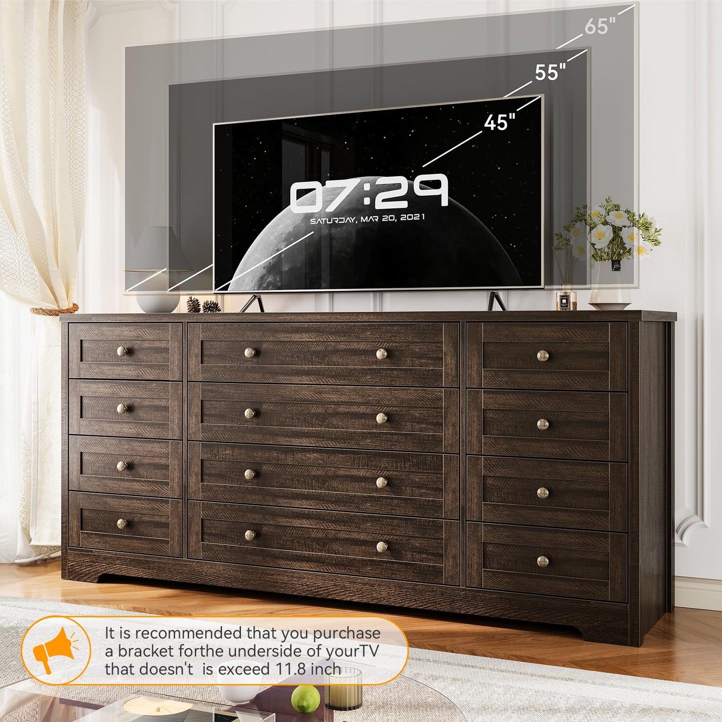 Garvee 12 Drawer Wooden Dressers for Bedroom, Brown Dresser for Adult Bedroom, Modern Wood Chest of Drawers for Living Room, Closet, Entryway, Hallway, Farmhouse Wide TV Stand for 65 Inch TV