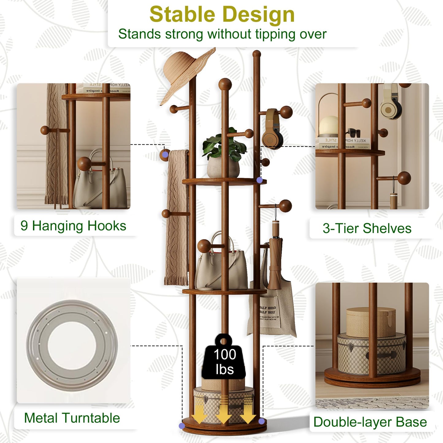 FROMJBEST Solid Wood Coat Rack Freestanding Rotating Clothes Rack with 9 Hooks & 3 Storage Shelves for Purse, Bag, Hat, Coat Hanger Stand for Entryway, Hallway, Office, Mid-Centry, Walnut