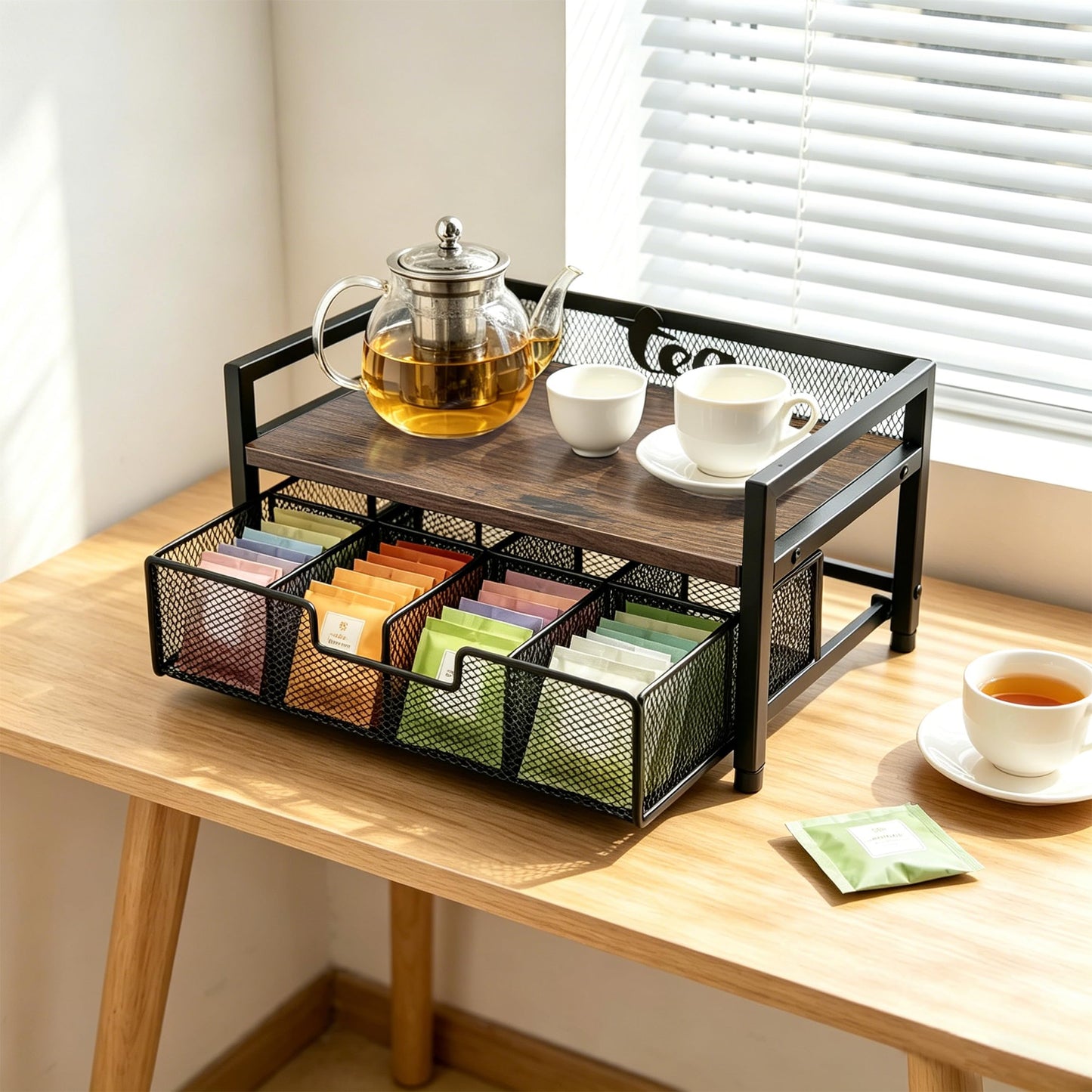 Uniqcovosa 2 Tier Tea Bag Organizer and Storage - 8 Drawer Sliding Tea Box Organizer, Tea Bar Accessories Organizer for Countertop, Bar Station, Kitchen (Rustic Brown)