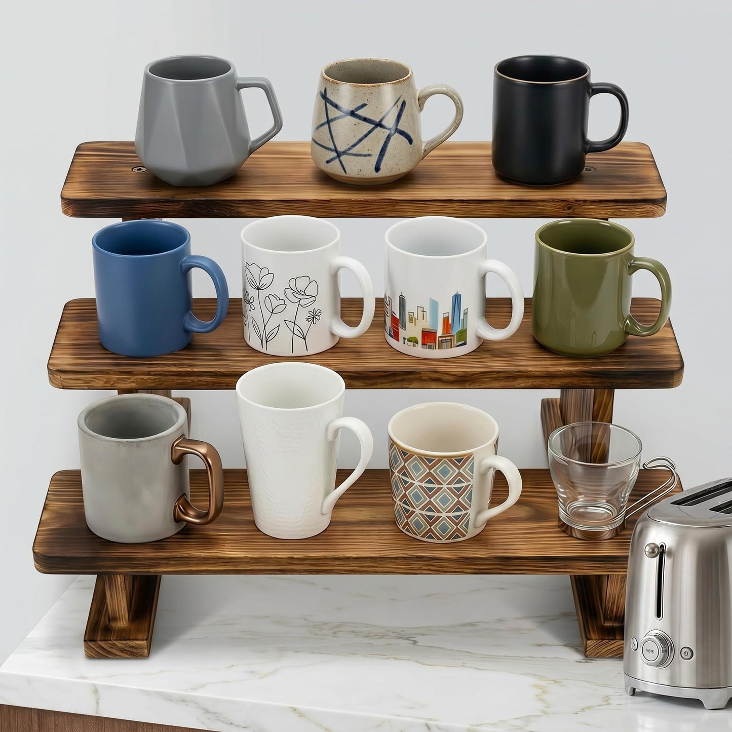 Ajerg 2 Pack 3 Tier Coffee Mug Display Shelf, Wooden Coffee Mug Holder Organizer for Countertop, Mug Storage Shelf for Coffee Station, Kitchen Cabinet, Pantry & Counter Display Rack