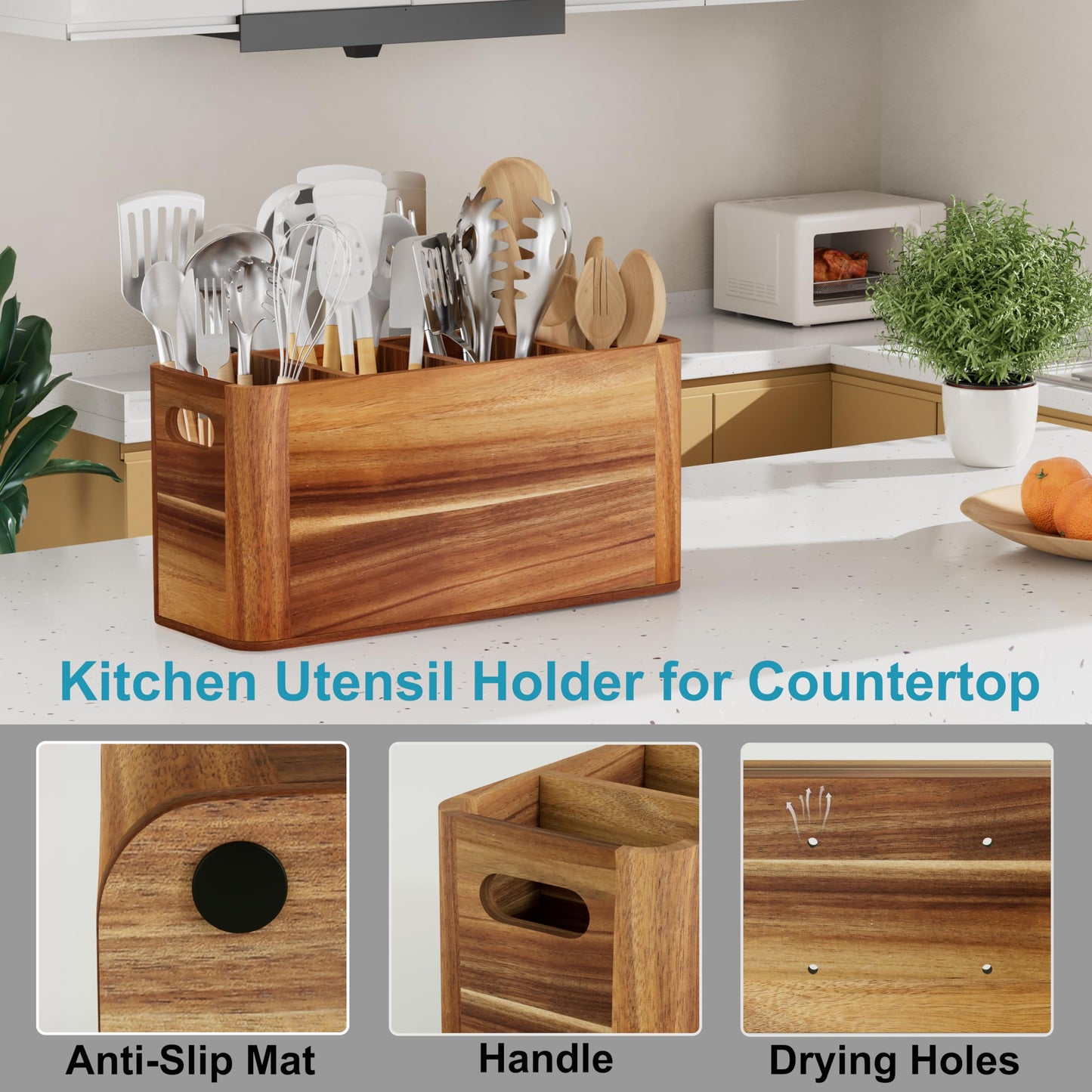 Segtenant Utensil Holder for Kitchen Counter, Extra Large Utensil Holder for Countertop with 4 Compartments Wooden Cooking Utensil Organizer for Spatula Kitchen Storage, Acacia Wood