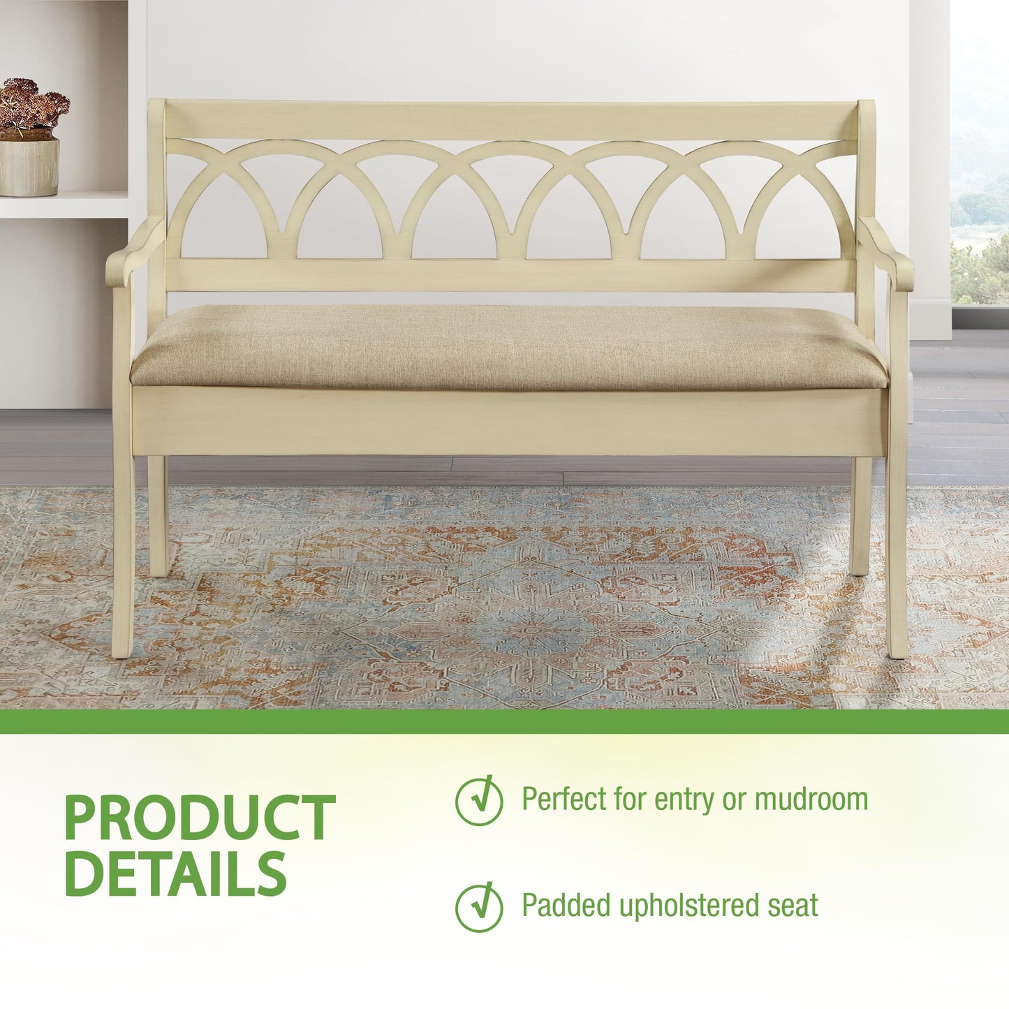 OSP Home Furnishings Coventry Solid Wood and Veneer Storage Bench, Antique White