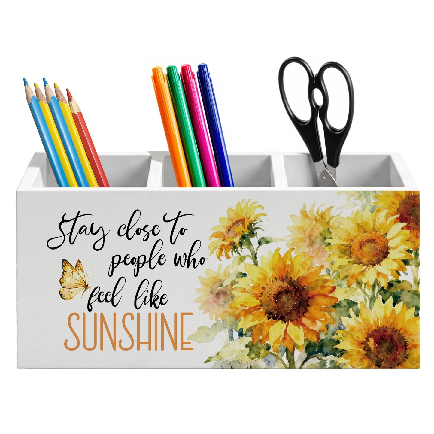 Poecinvi Inspirational Sunflower Pen Holder for Home Office Desk, Stay Close to People Who Feel Like Sunshine Motivational Wooden Box Sign Pencil Holder for Desk Shelf Organizer