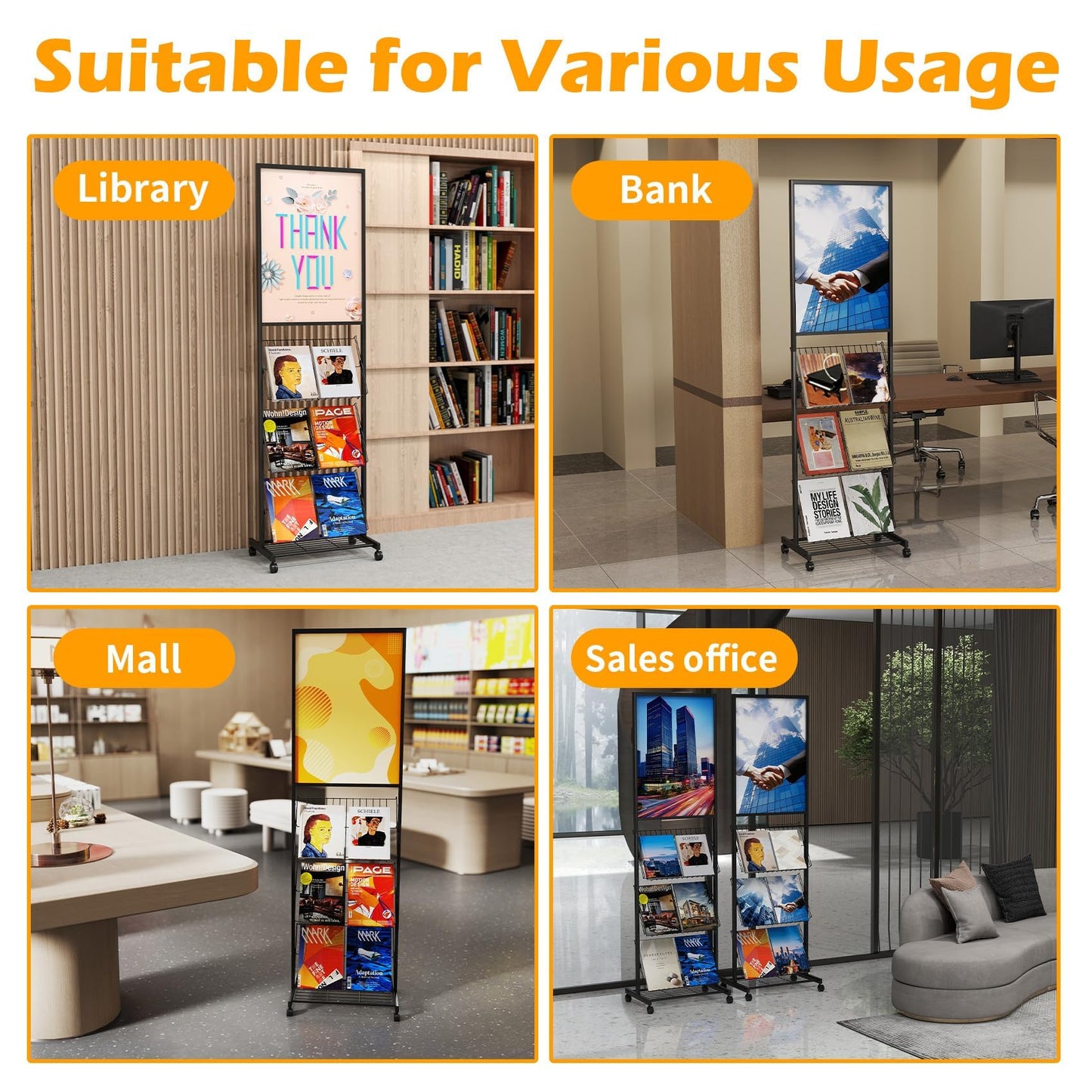 lesolar Floor-Standing Magazine Rack with Poster Board Stand, 4-tier Metal Magazine Rack with Wheels, Newspaper Holder, Book Brochure Display Stand, Poster Sign Holder for Exhibitions Store Business