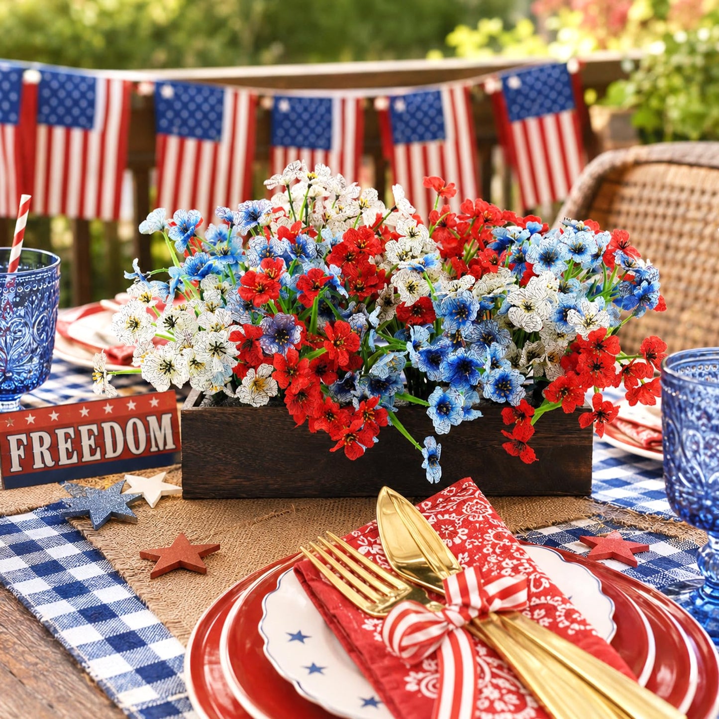 Red Wihte and Blue Flower Centerpieces for Table, 4th of July Artificial Flower Decorations 18Pcs UV Resistant Faux Violet Bouquet with Wooden Tray Patriotic Indoor Home Decor Living Room Kitchen