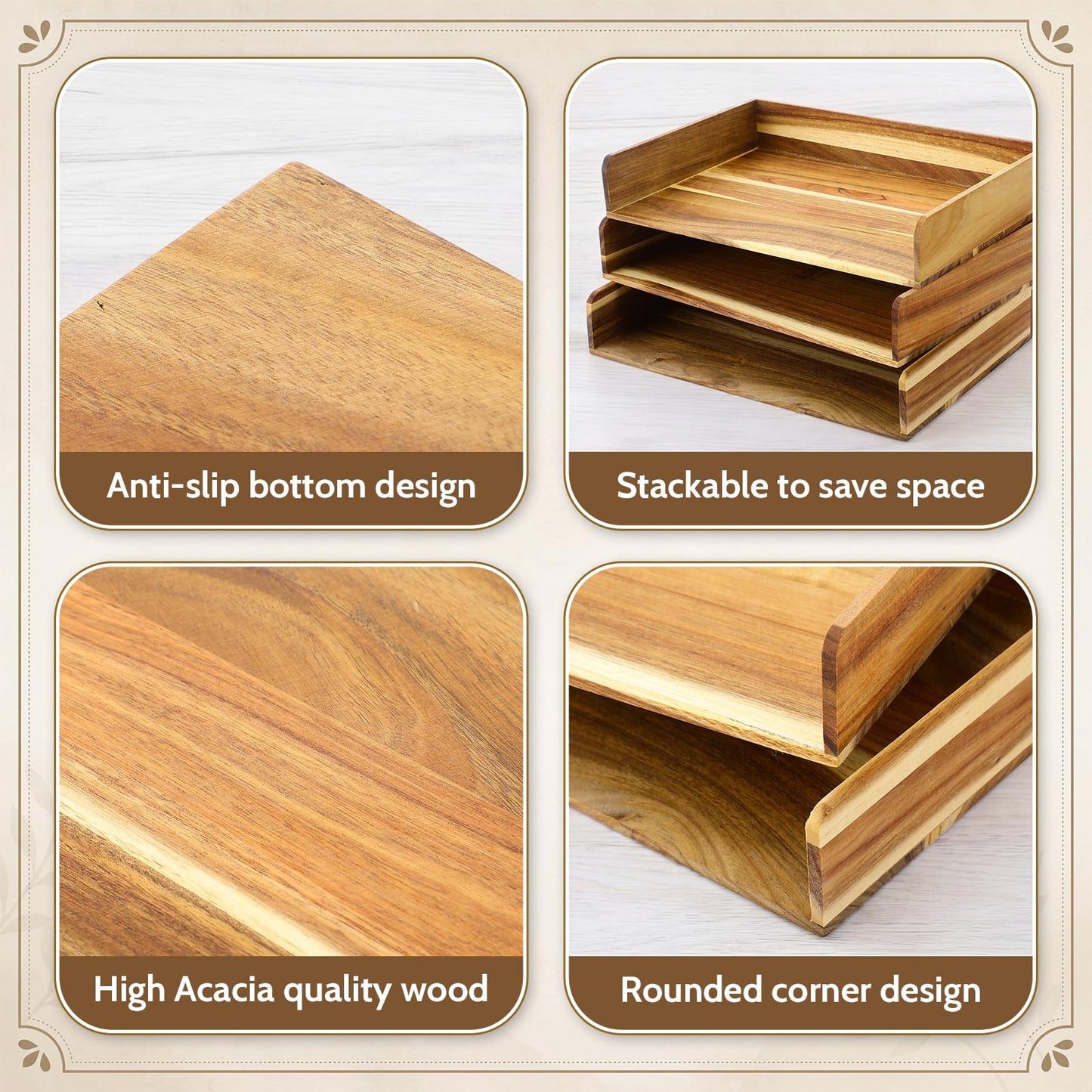 Novabright 6 Pcs Stackable Paper Organizer Tray Acacia Wood Desk Organizer Letter Tray Desktop Letter Size Office Wooden Desk Shelf Paper Holder Folder Organization Rack for File Document (Acacia)