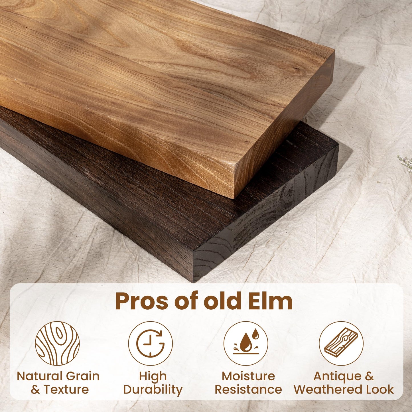 Fun Memories Wood Floating Shelves 24 Inch Long, Rustic Elm Wood Wall Shelves for Farmhouse, Living Room, Kitchen, Wall Mounted Bathroom Shelf Floating Shelf with Invisible Bracket Set of 2, Natural
