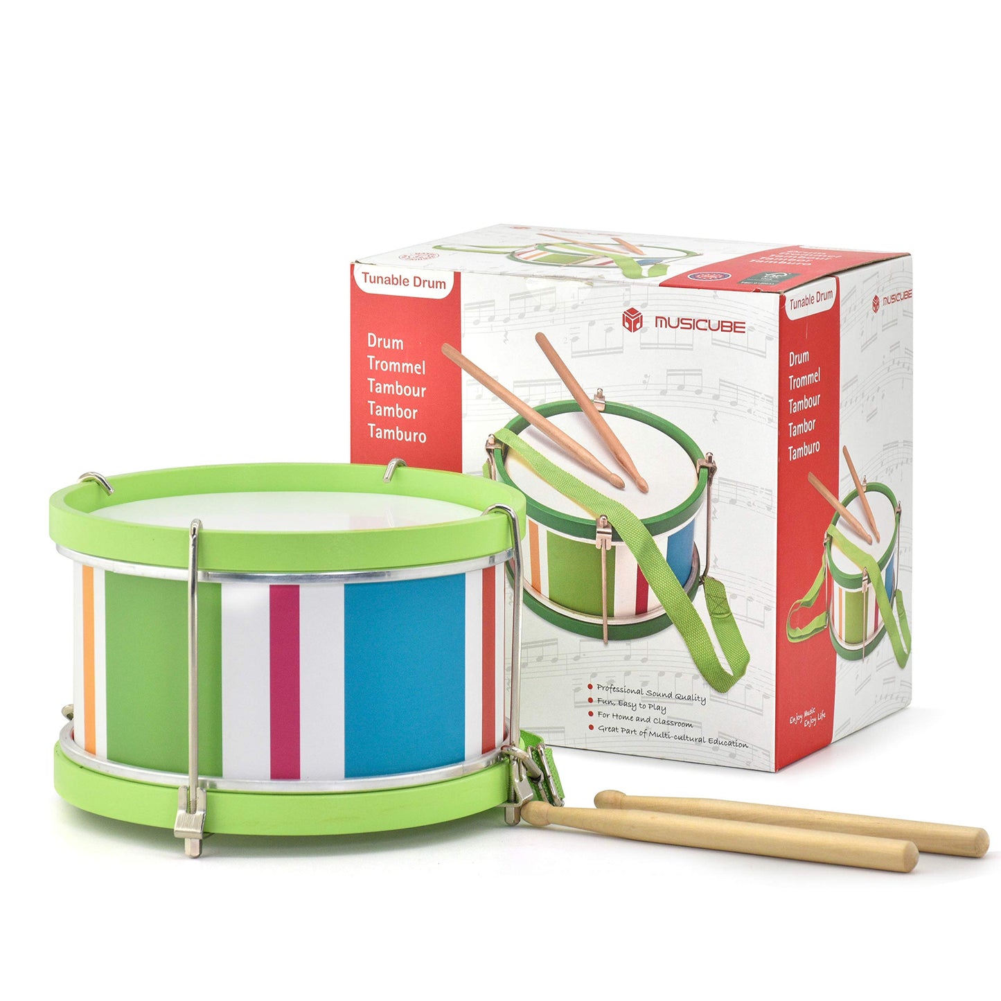 MUSICUBE Kids Drum Set 8-Inch Wooden Drum Toys with an Adjustable Strap and 2 Drumsticks Educational Baby Musical Toys Drum Sensory Musical Instrument Toys for Toddler Boys & Girls Gift Packing