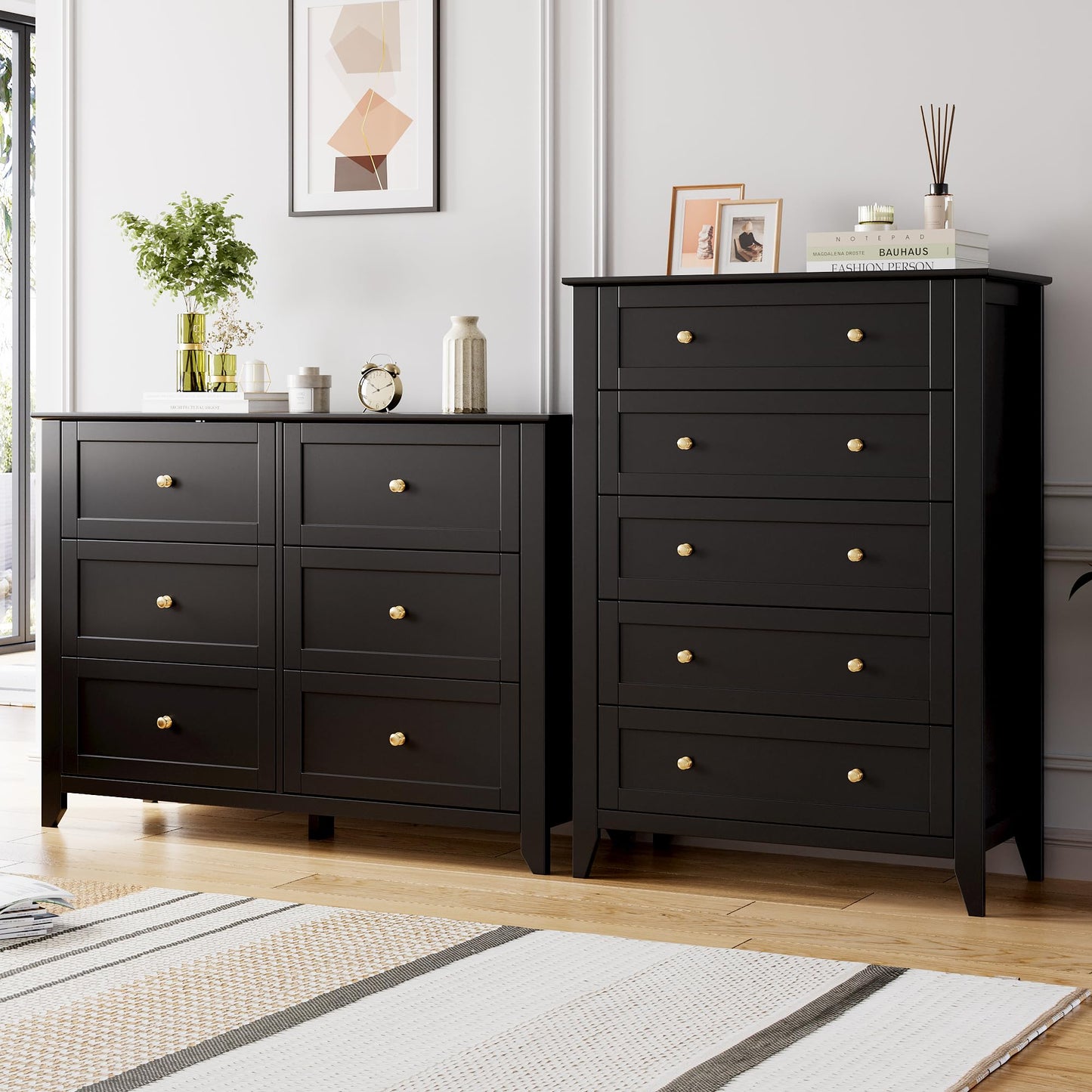IDEALHOUSE 5 Chest of Drawer Dresser, Modern Wood Organizer Dresser Storage Cabinet with Drawers for Bedroom, Living Room, Entryway, Black