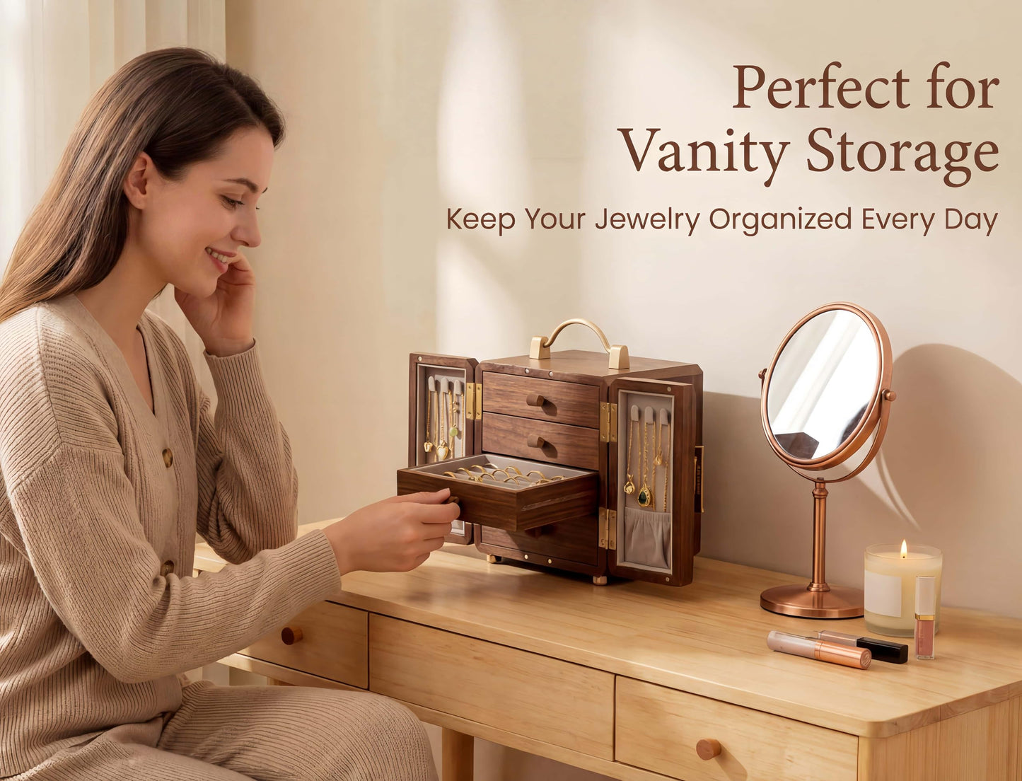 XYittkl Black Walnut Jewelry Box, Handmade Wooden Jewelry Organizer, 4-Layer Jewelry Holder with Velvet & Gold Handle, Gift for Women Mother's Day Anniversary Birthday, Mirrored Butterfly Design
