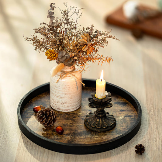 Hanobe DecorativeTray for Coffee Table : Round Vintage Brown Wood Trays for Home Decor - Farmhouse Circle Ottoman Plate for Kitchen Centerpiece Counter Display Living Room 12"