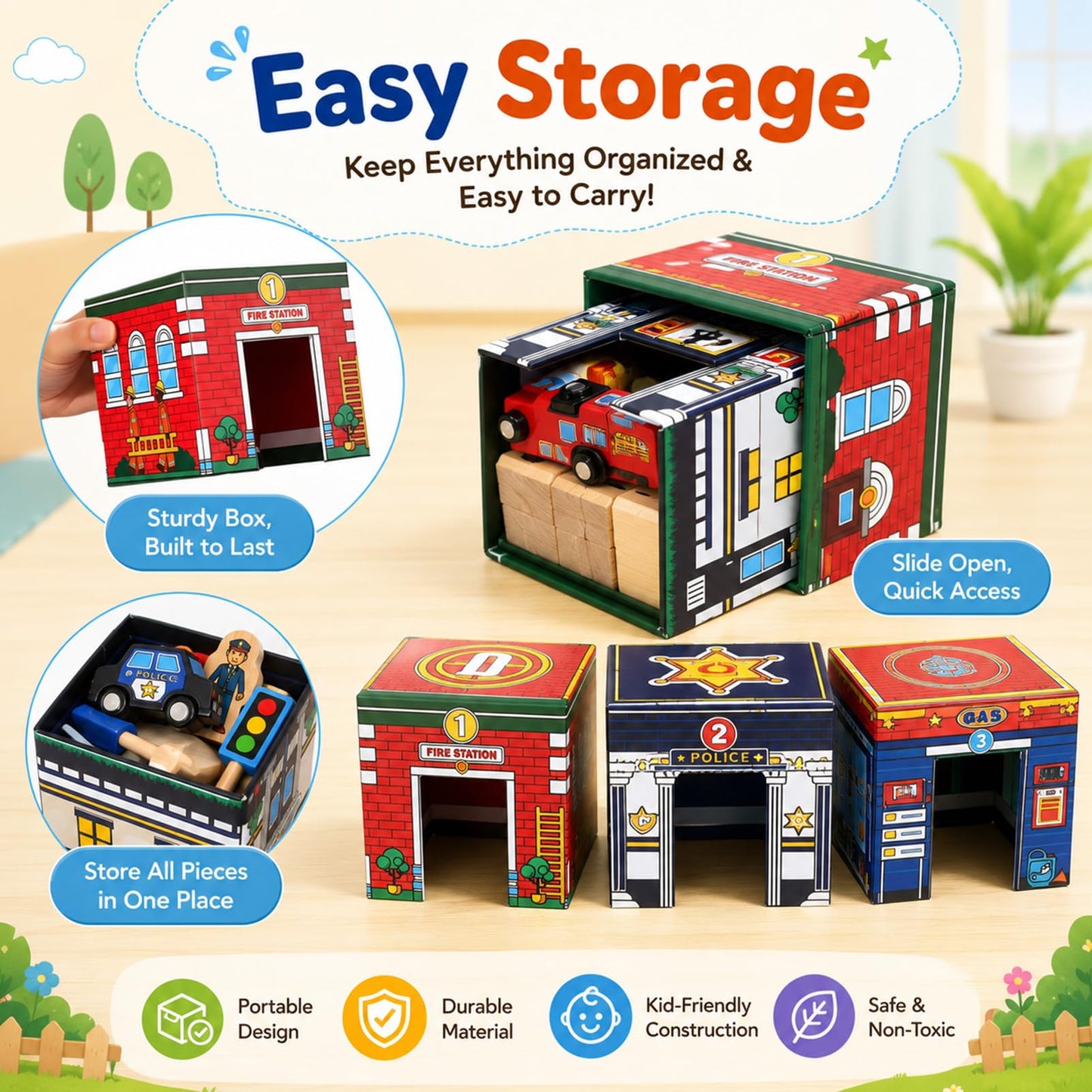 Atoylink Kids Building Blocks for Toddlers 1-3, 108Pcs Wooden Stacking Toys with Community Helpers & Magnetic Wooden Cars Signals, Baby Nesting Boxes Preschool Learning Toys for Boys Girls Gift