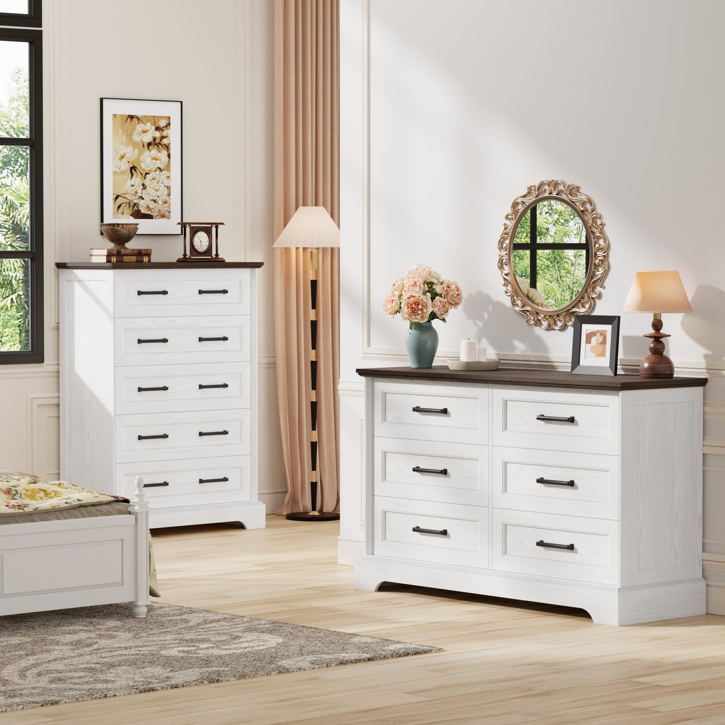 Furmax Farmhouse Dresser for Bedroom, 6 Drawers Dresser, Wood Chest of Drawers, 47.2" Wide Storage Dressers Organizer for Bedroom, Living Room, White and Brown