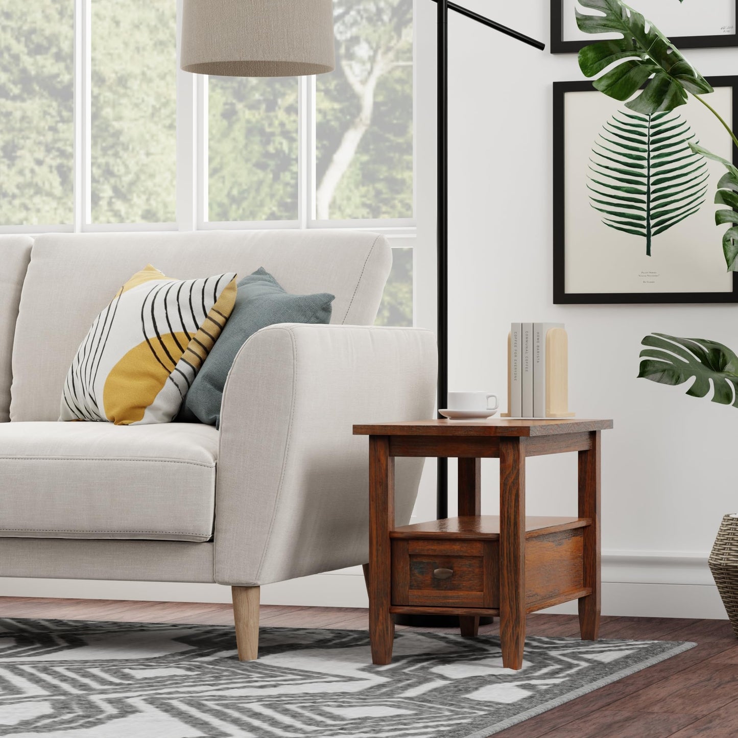 SIMPLIHOME Warm Shaker End Table - 14 inch Wide Solid Wood Narrow Side Table in Distressed Charcoal Brown, Transitional Accent Table for Living Room or Bedroom with Drawer, Open Shelf and Tapered Legs