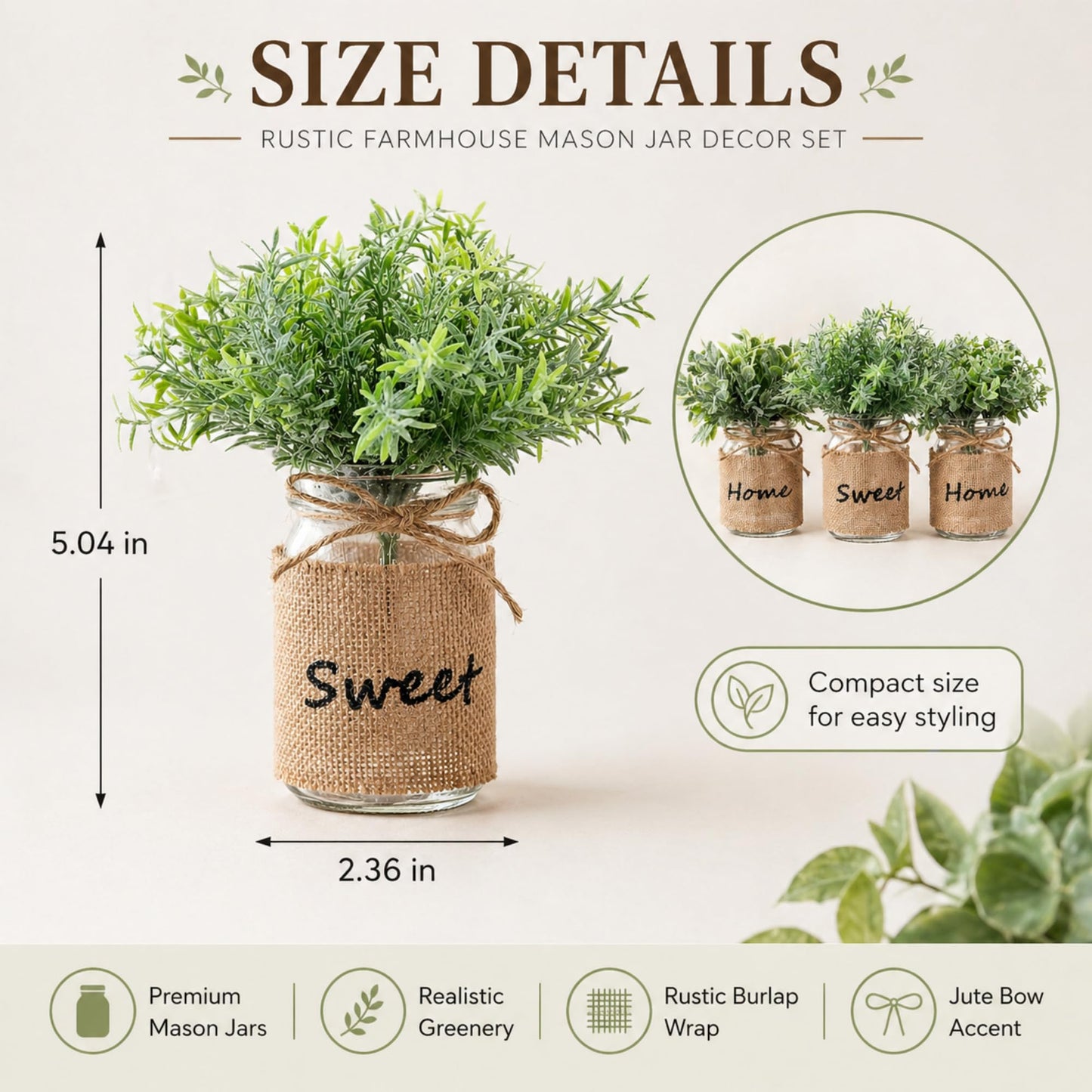 Suncalla 3 Pcs Spring Mason Jar Table Centerpiece Decor Small Fake Plants Farmhouse Rustic Burlap Vases Artificial Eucalyptus Rosemary Plants for Office Laundry Bathroom Shelf Table Wedding Decoration