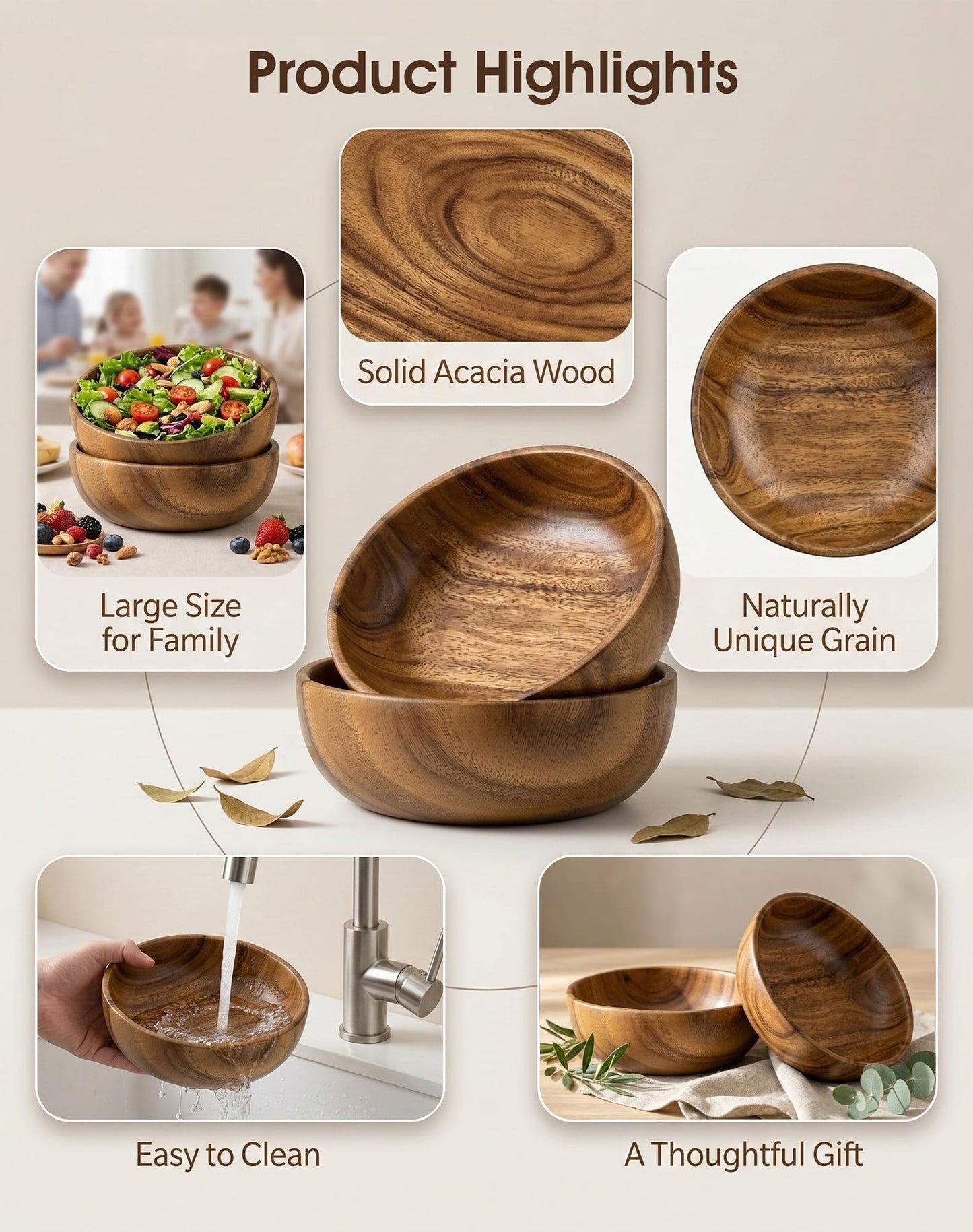 GleeNflux Wood Bowl Set of 2, 8.6" Acacia Wooden Salad Bowls, Natural Solid Wood Serving Bowls for Salad, Pasta, Fruit, Snacks, Kitchen & Dining, Housewarming Gift