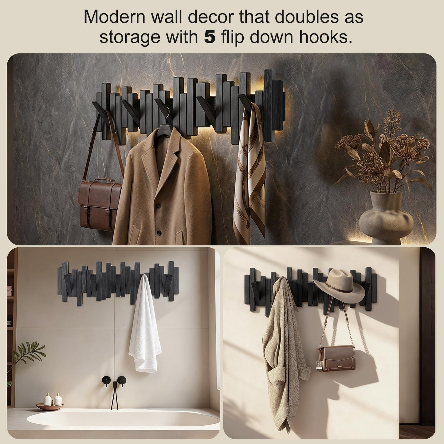 Acsigesn Wooden Coat Rack Wall Mounted Sticks Multi Rack Solid Handmade Natural Wood Artwork with 5 Flip-Down Unique Modern Hooks for Coats Bag Hat Umbrella