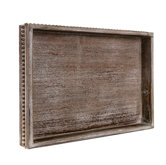 MAONAME Wood Serving Tray, Farmhouse Wooden Tray for Coffee Table, Rustic Rectangle Trays with Beads, Vintage Brown Decorative Trays for Living Room, Kitchen, 15.7" X 11.8" X 1.57"