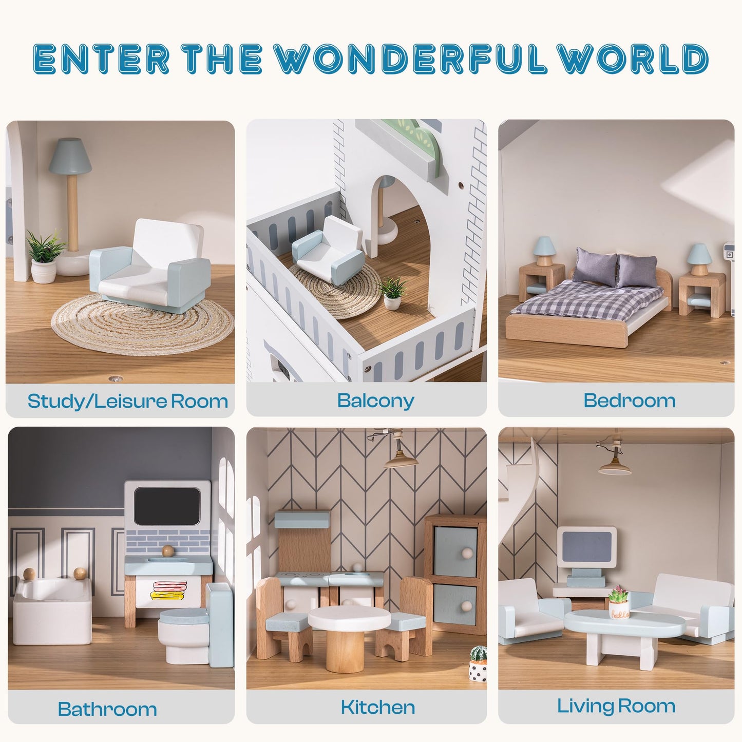ROBUD Doll House, Wooden Dollhouse with 6 Rooms, 29-pcs Realistic Accessories, Dollhouse Playset for 4-6 Inch Dolls, Gifts for Kids & Toddlers, Nordic Style, Ages 3+