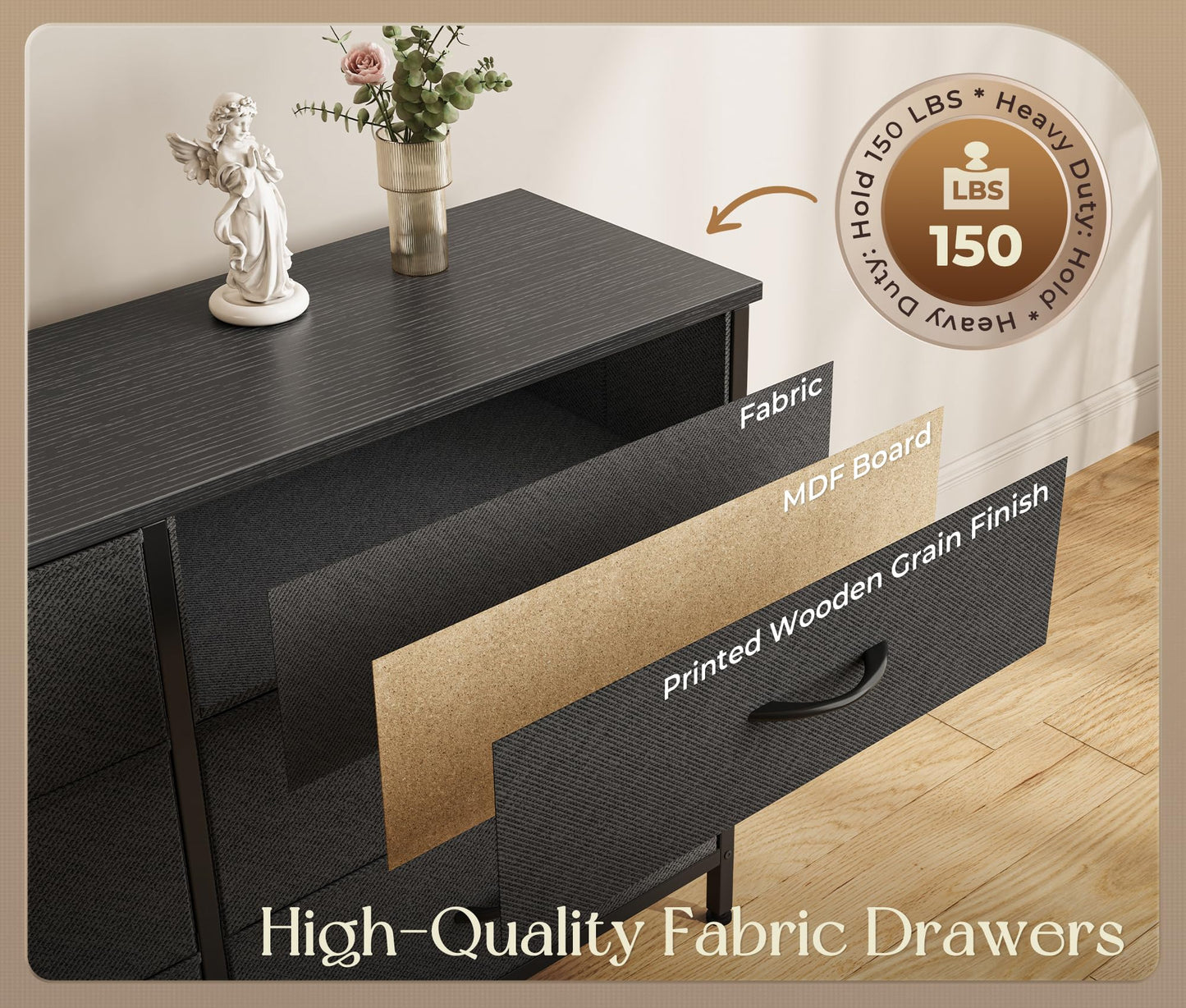 Huuger 86.6 Inch Dresser for Bedroom, TV Stand for 65, 75, 85 Inch TV, 15 Fabric Drawer Long Dresser, Large Entertainment Center for Bedroom, Wide Chest of Drawer with Storage, Black