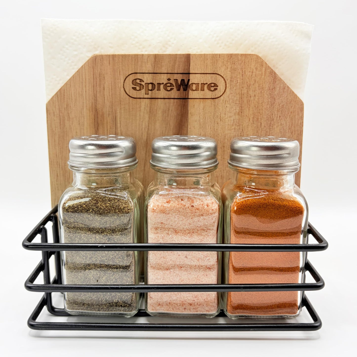 SPREWARE Acacia Wood Napkin Holder with 3 Salt & Pepper Shakers, Rustic Tabletop Napkin and Condiment Caddy, EVA Anti‑Slip Base, Holds 80 Standard Napkins – Grateful Thankful Blessed Design