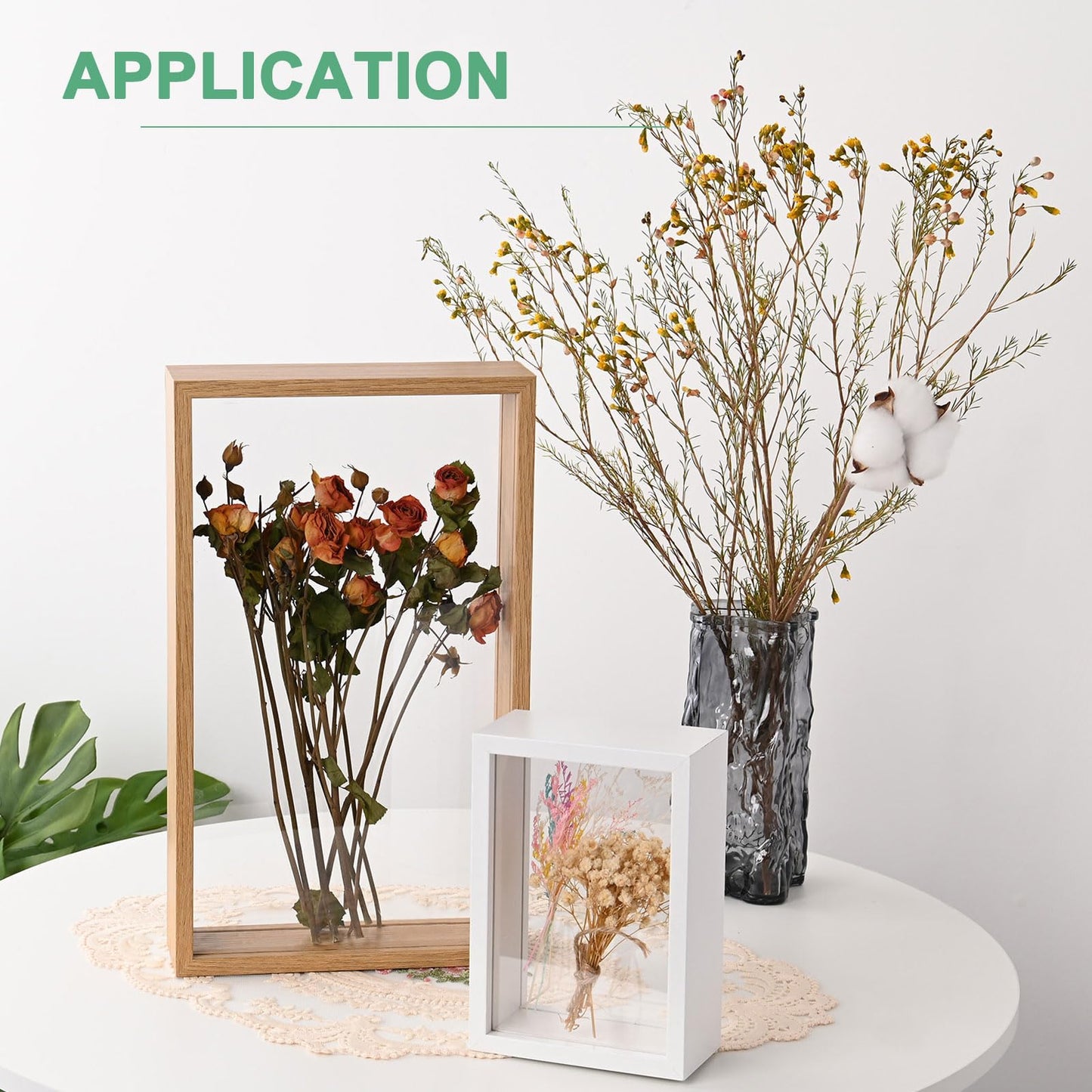 M METERXITY 1-Pack Dried Flower Frame, 8 x 8 Inch Double Acrylic Wooden Dried Flower Photo Floating Frame for Tabletop/DIY/Handicrafts [Black]