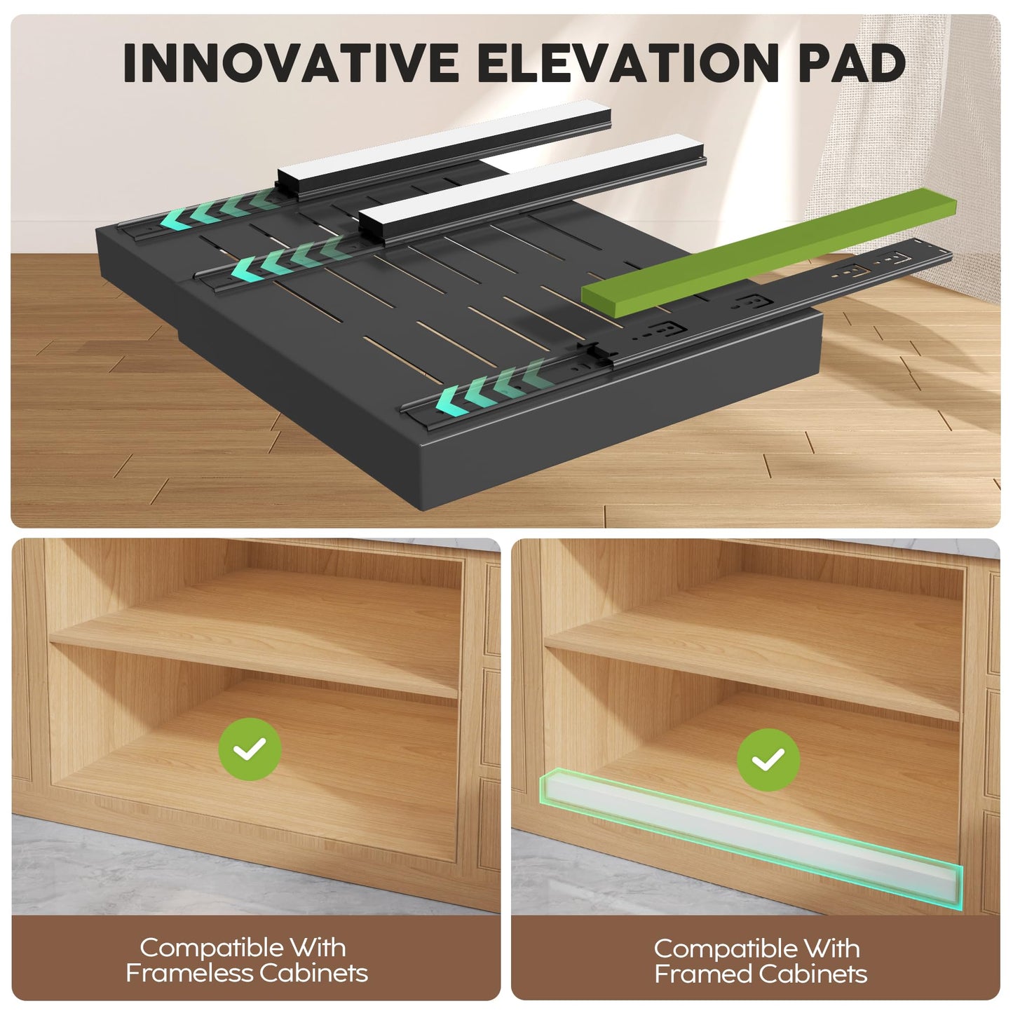 Seinloes 4 Pack Pull Out Cabinet Organizers 21" Deep With Raising Pad for Framed Cabinets, Expandable Width (15.2"-26.3") Slide Out Drawers Upgrade 3 Slide Rails, Roll Out Shelves Adhesive, Black