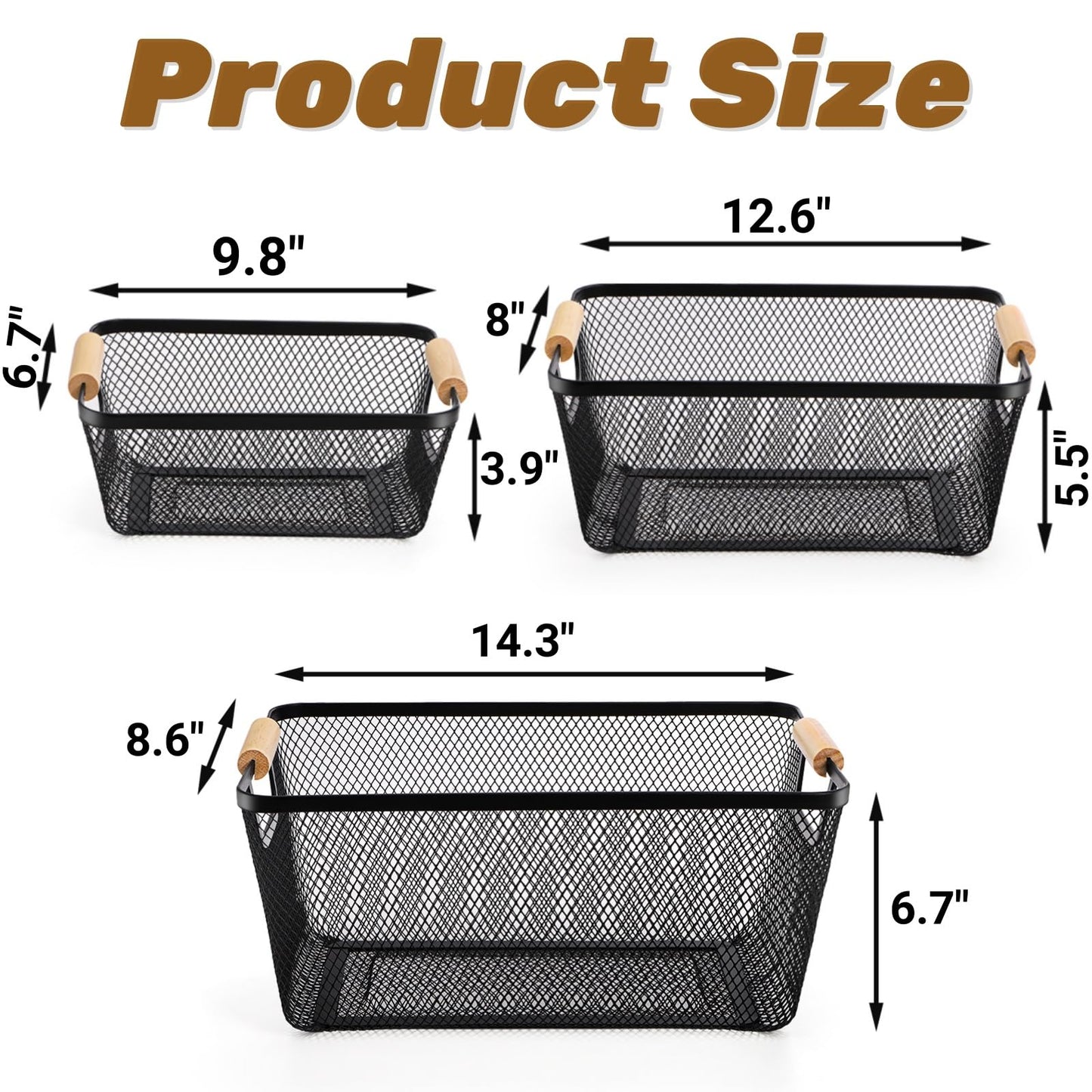 Noamus 3 Pack Metal Mesh Basket with Wooden Handle, Farmhouse Wire Steel Storage Bins, Rectangle Fruit Vegetable Organizer Containers for Home Cabinet Pantry Kitchen Decor, Snack Gift (Black, 3 Size)