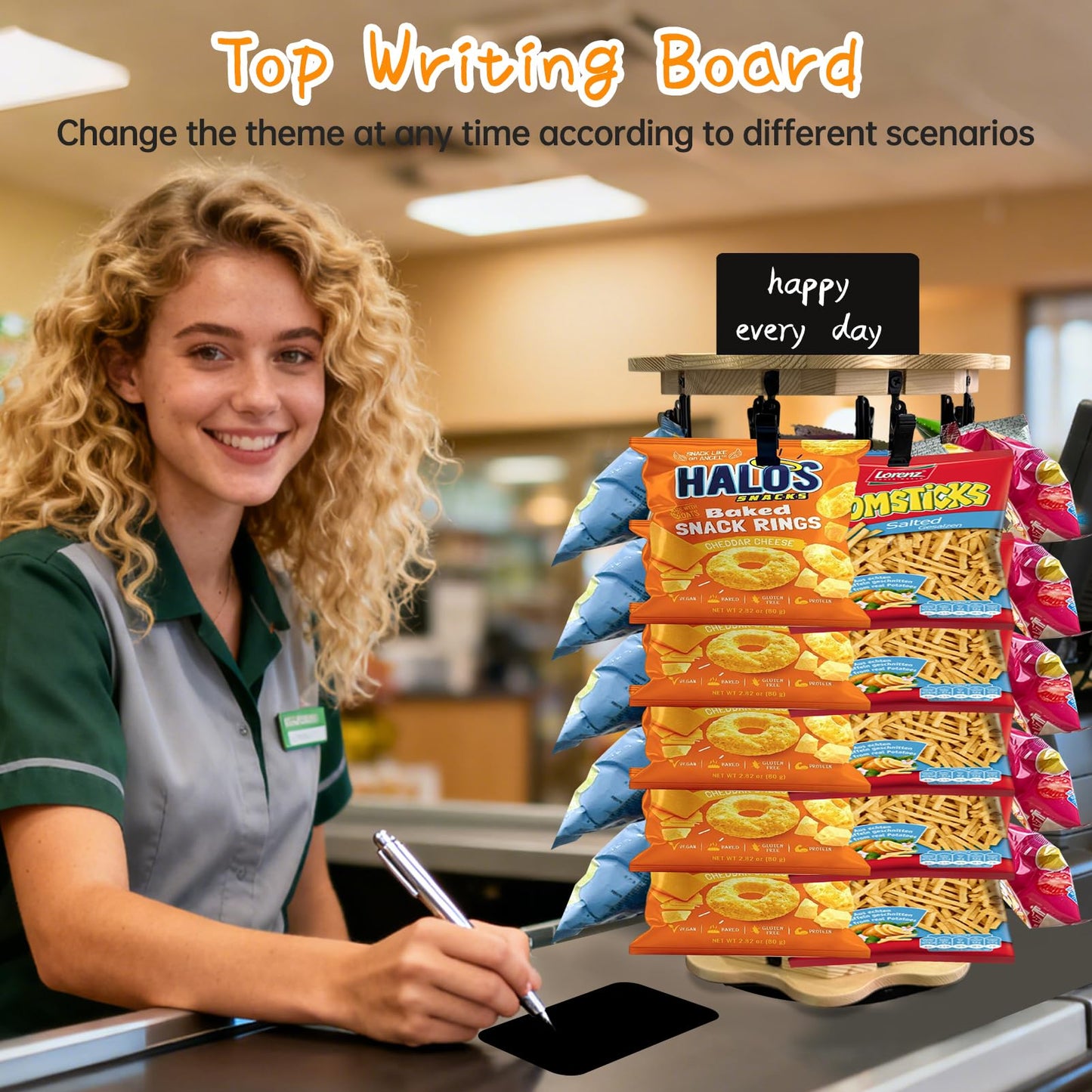 Mazatzal 5 Tiers 40 Clips Chip Rack Display Stand, 360° Rotating Snack Organizer with Flower Shape Wooden Base, Countertop Candy Holder for Party, Retail Store, with Message Board