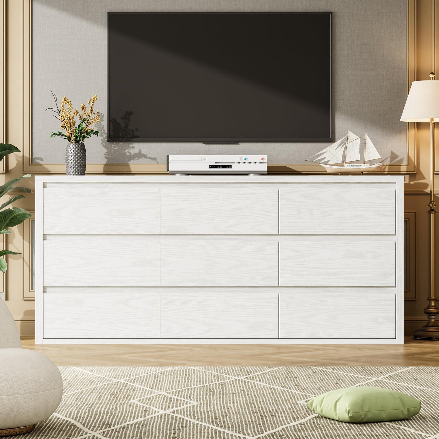 GarveeLife Wooden Dressers with 9 Drawers for Bedroom - White Chest of Drawers for Living Room - Large Modern 9-Drawer Dresser