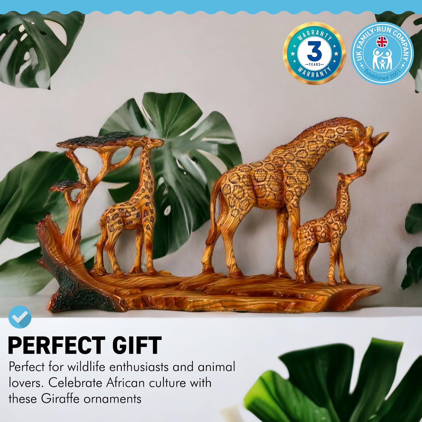 Thorness GIRAFFE FAMILY ORNAMENT | Wooden giraffe ornament for the home | African animal gift | Wildlife gifts | Home decor | 30cm (L) x 17cm (H) x 6cm (D)