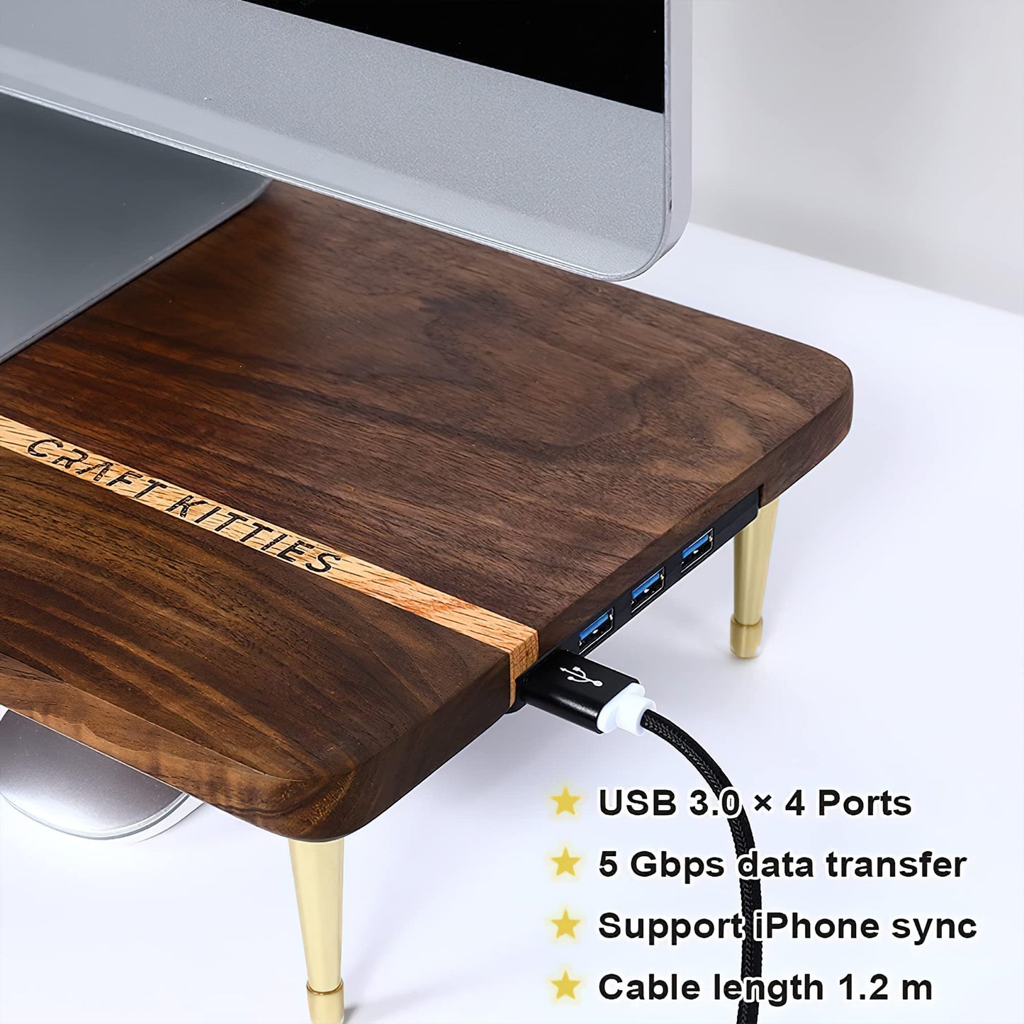CRAFT KITTIES Monitor Stand Wood Riser with 4 USB Ports, Computer Monitor Stand with America Walnut Data Transfer Charging Hub -Compatible with Computer, Mac, PCs, Smartphone, 20.5*8.3in