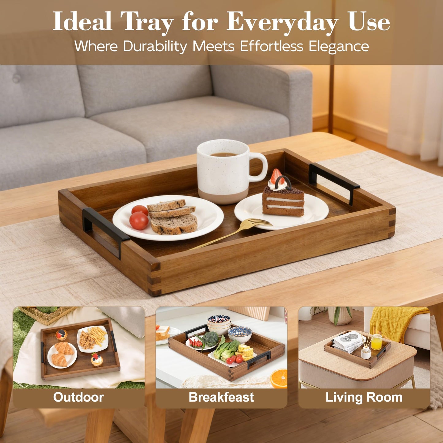Large Ottoman Tray for Living Room and Coffee Table, Decorative Acacia Wood Serving Tray with Metal Handles for Breakfast in Bed, Dinner Food Kitchen TV (Natural, 20" x 14" x 2")