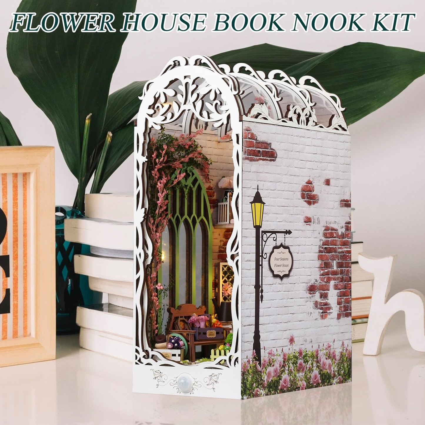 TuKIIE DIY Book Nook Miniature Kit, Booknook Dollhouse Bookshelf Insert with Sensor Light & Dust Proof, Wooden Decorative Bookend Stand Model Kits for Kids Teens Adults(Flower House)